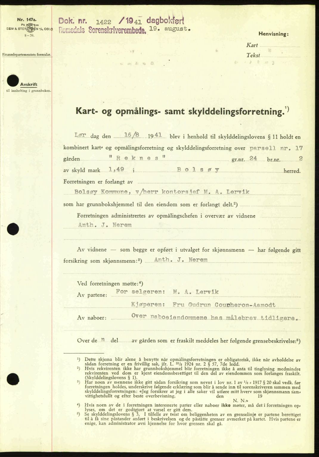 Romsdal sorenskriveri, AV/SAT-A-4149/1/2/2C: Mortgage book no. A10, 1941-1941, Diary no: : 1422/1941