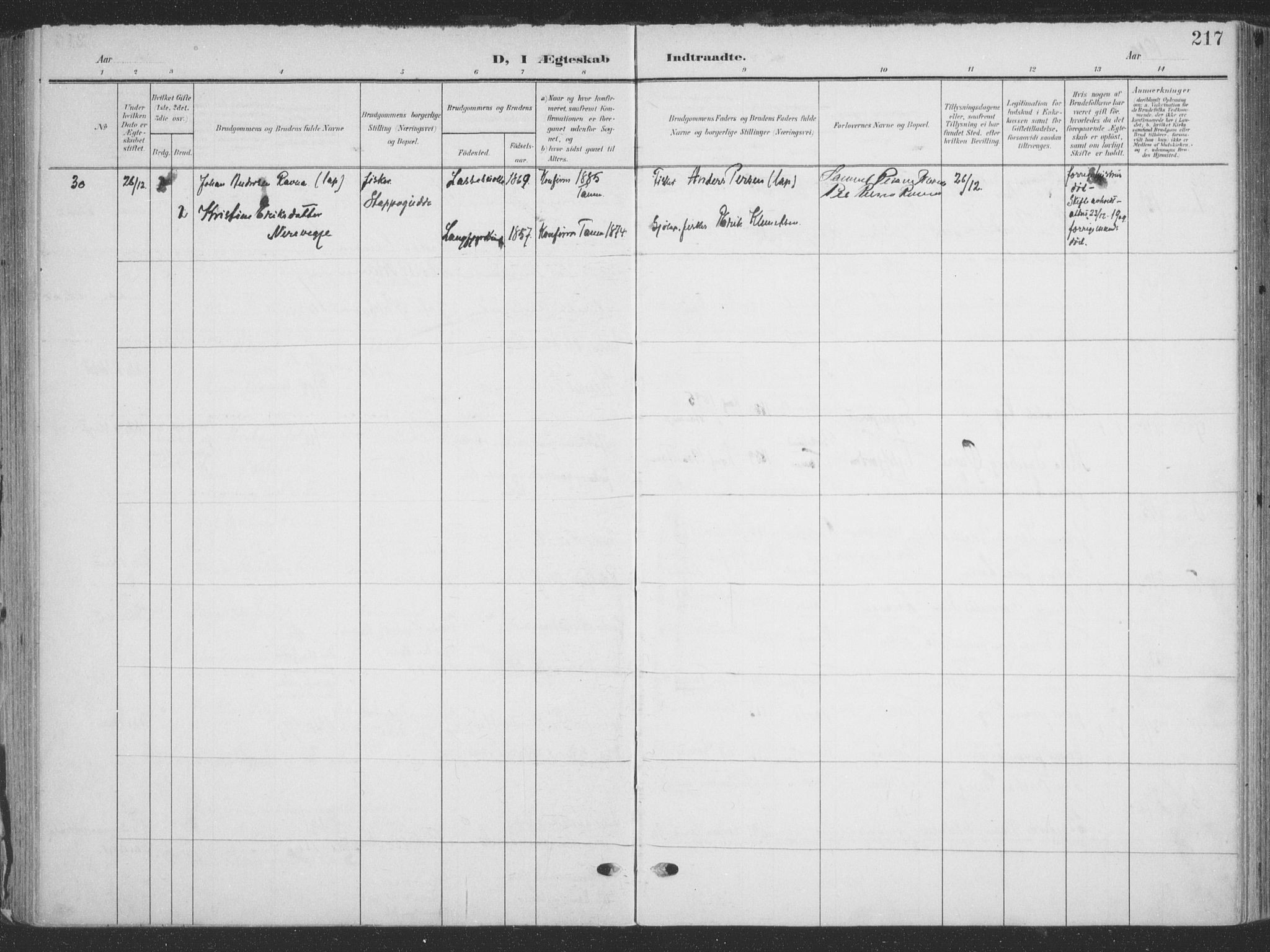 Tana sokneprestkontor, AV/SATØ-S-1334/H/Ha/L0007kirke: Parish register (official) no. 7, 1904-1918, p. 217