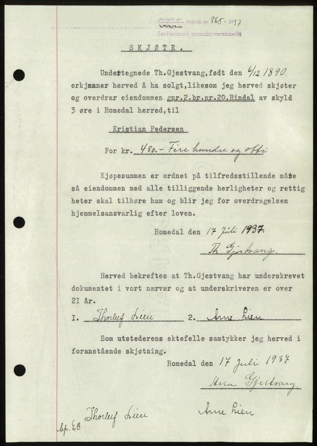 Sør-Hedmark sorenskriveri, SAH/TING-014/H/Hb/Hbd/L0003: Mortgage book no. 3, 1937-1938, Diary no: : 865/1937