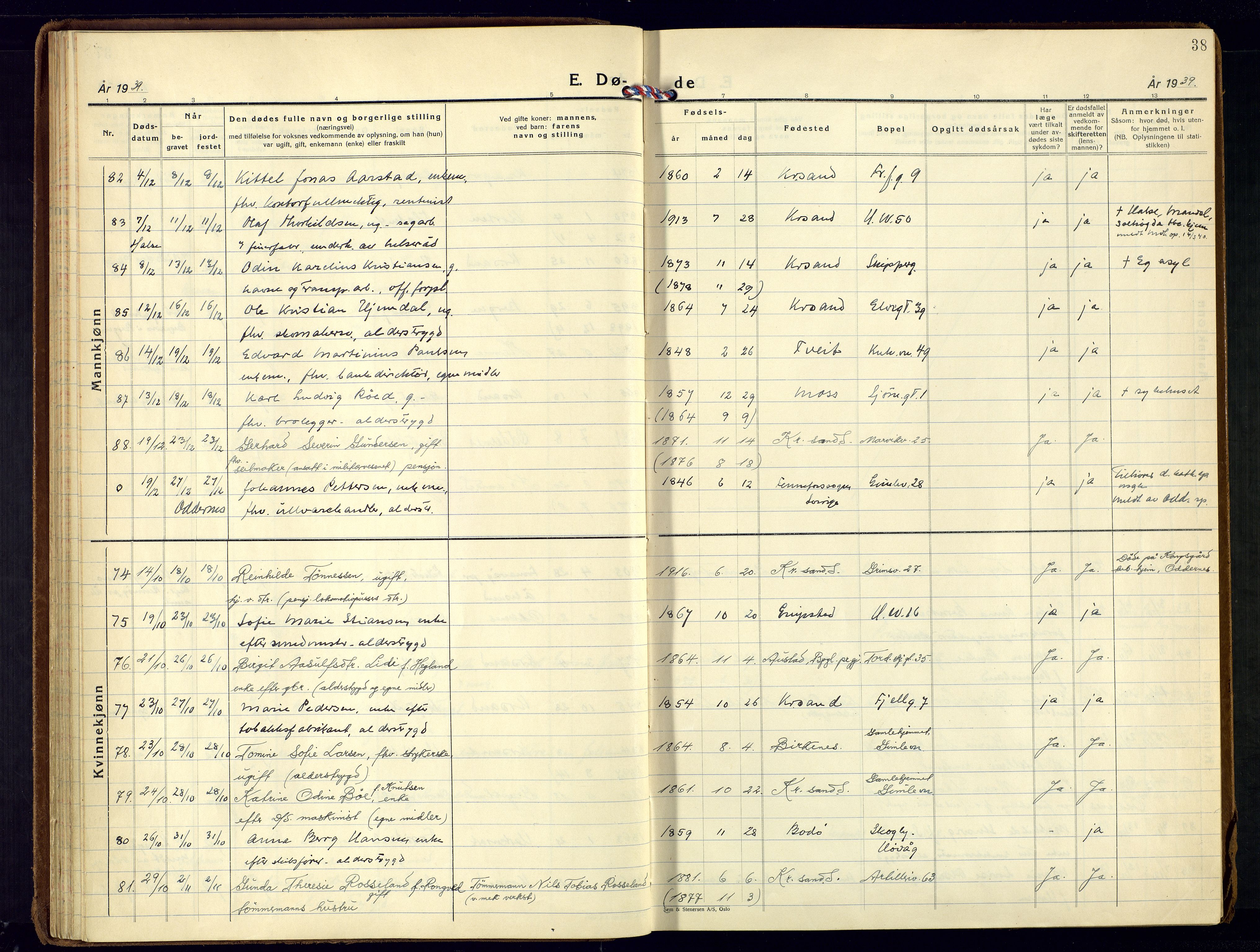 Kristiansand domprosti, AV/SAK-1112-0006/F/Fa/L0037: Parish register (official) no. A-36, 1937-1947, p. 38