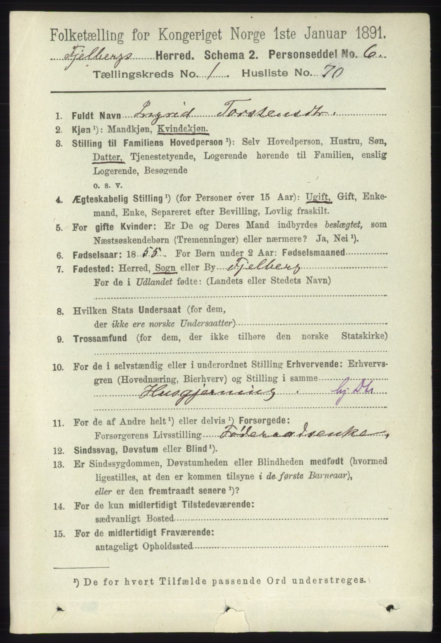 RA, 1891 census for 1213 Fjelberg, 1891, p. 457