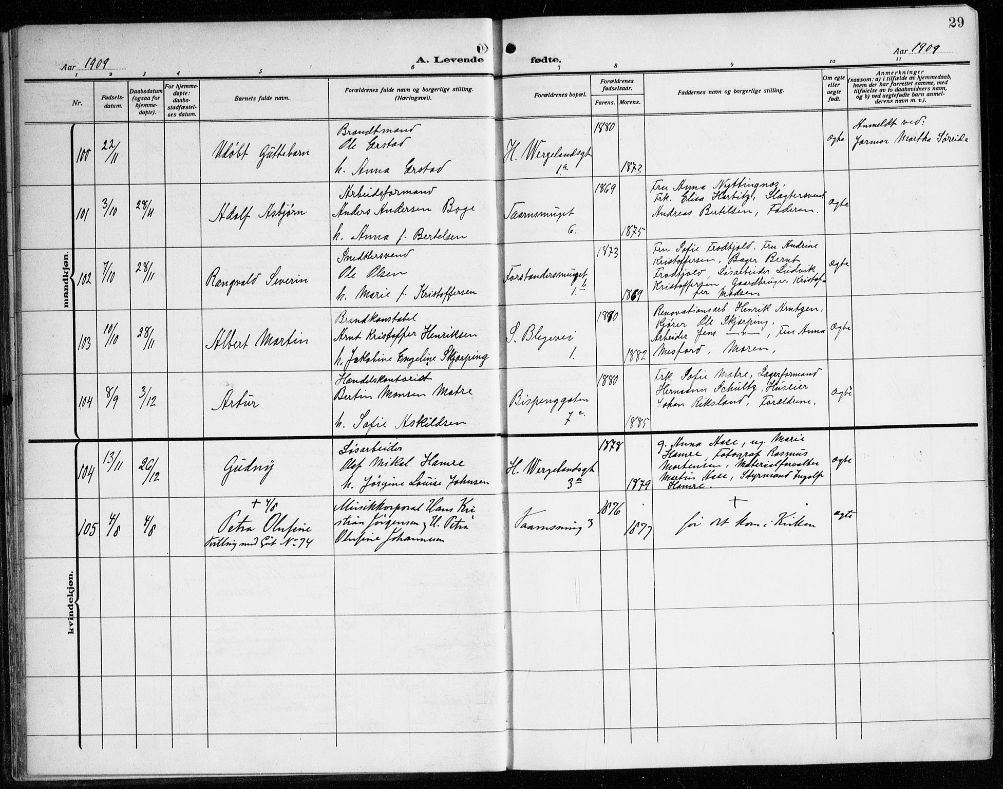 Korskirken sokneprestembete, AV/SAB-A-76101/H/Haa: Parish register (official) no. B 10, 1909-1923, p. 29