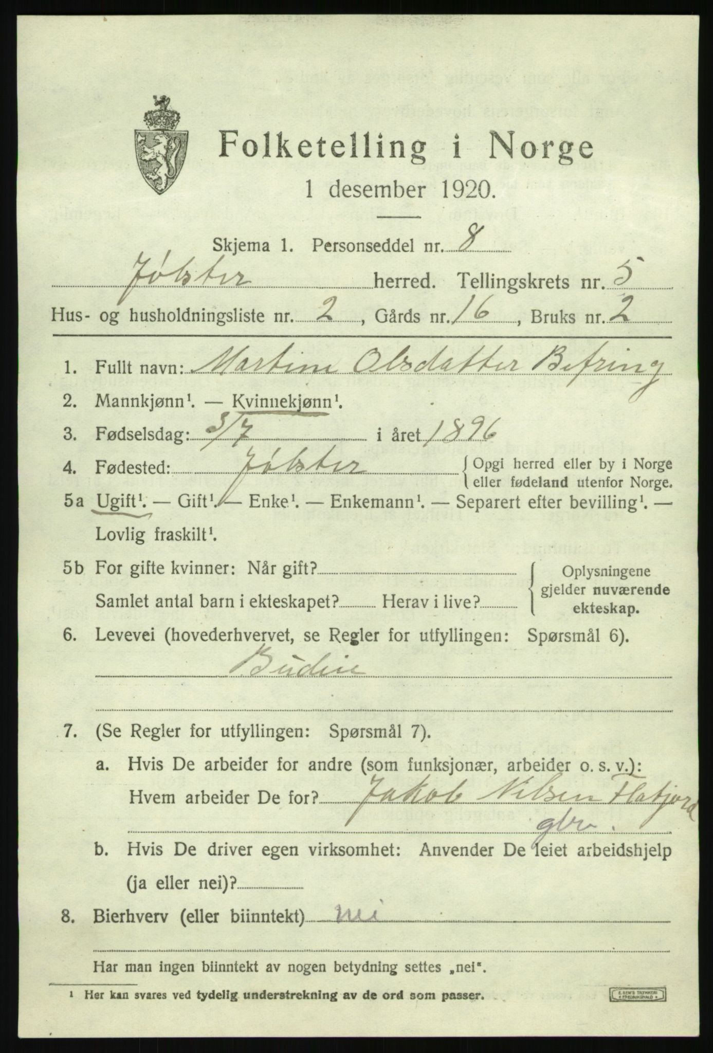 SAB, 1920 census for Jølster, 1920, p. 2954