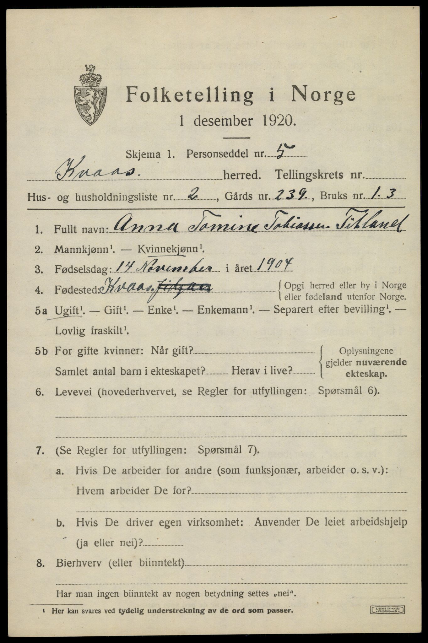 SAK, 1920 census for Kvås, 1920, p. 1182