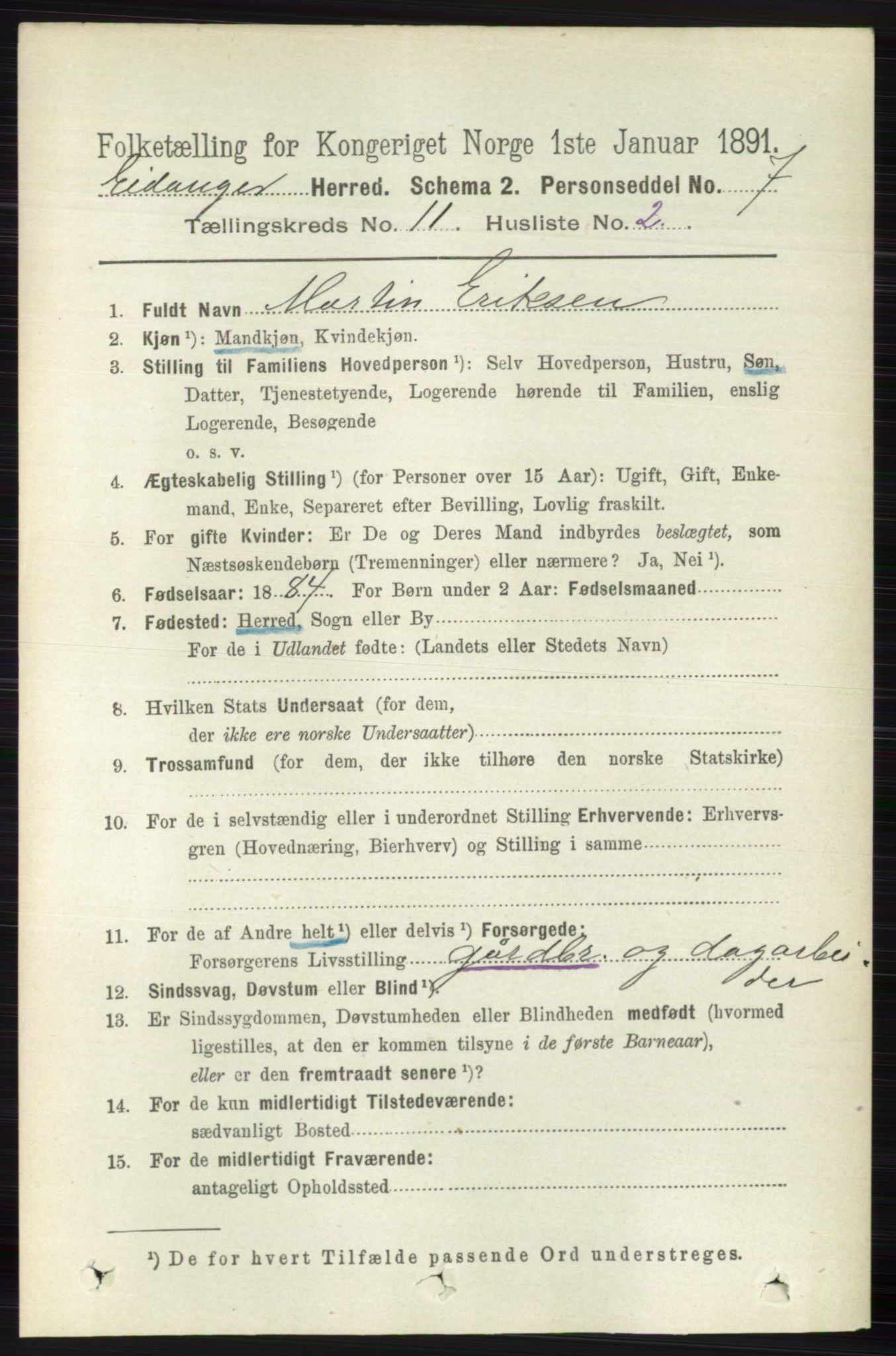 RA, 1891 census for 0813 Eidanger, 1891, p. 4250