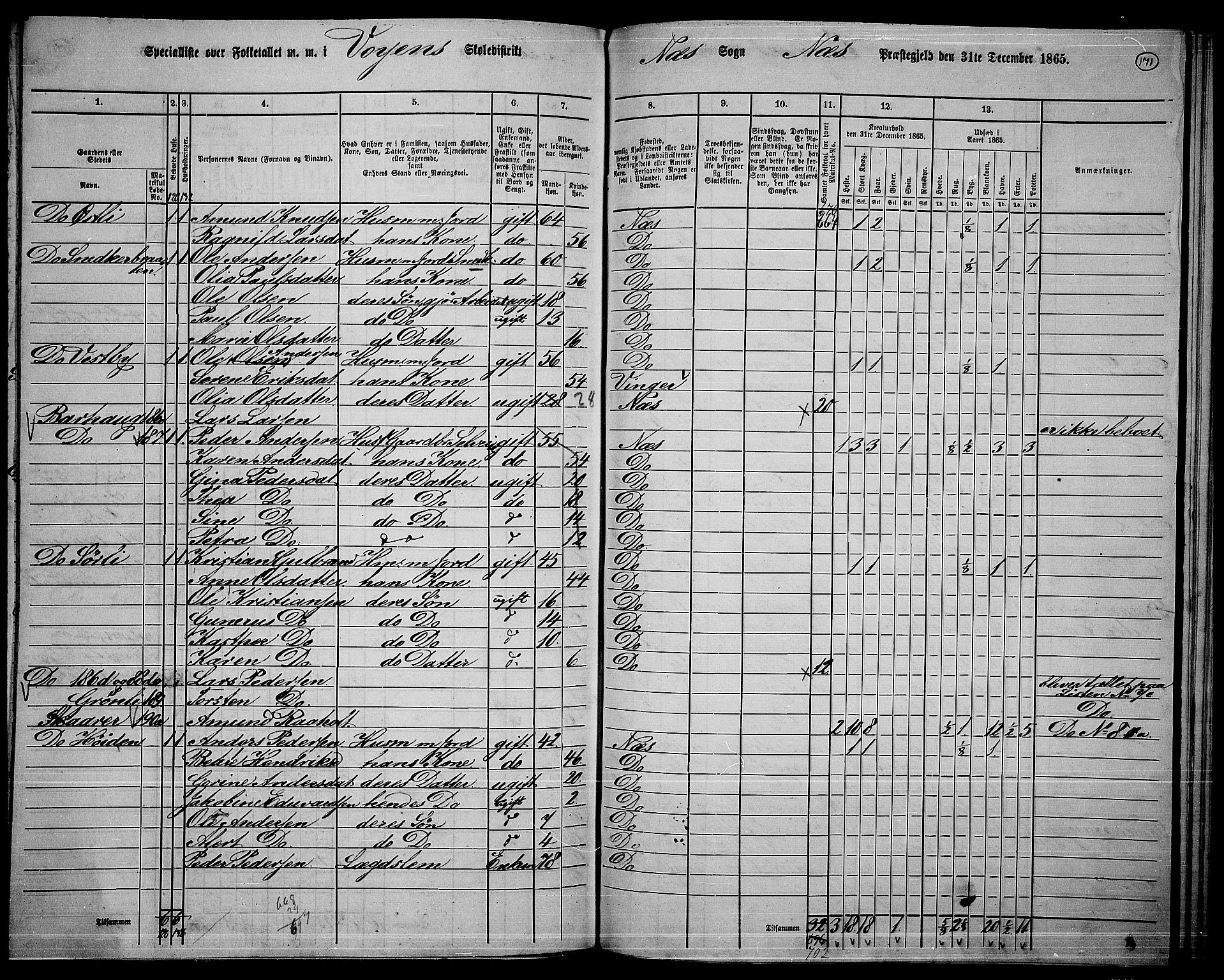 RA, 1865 census for Nes, 1865, p. 157