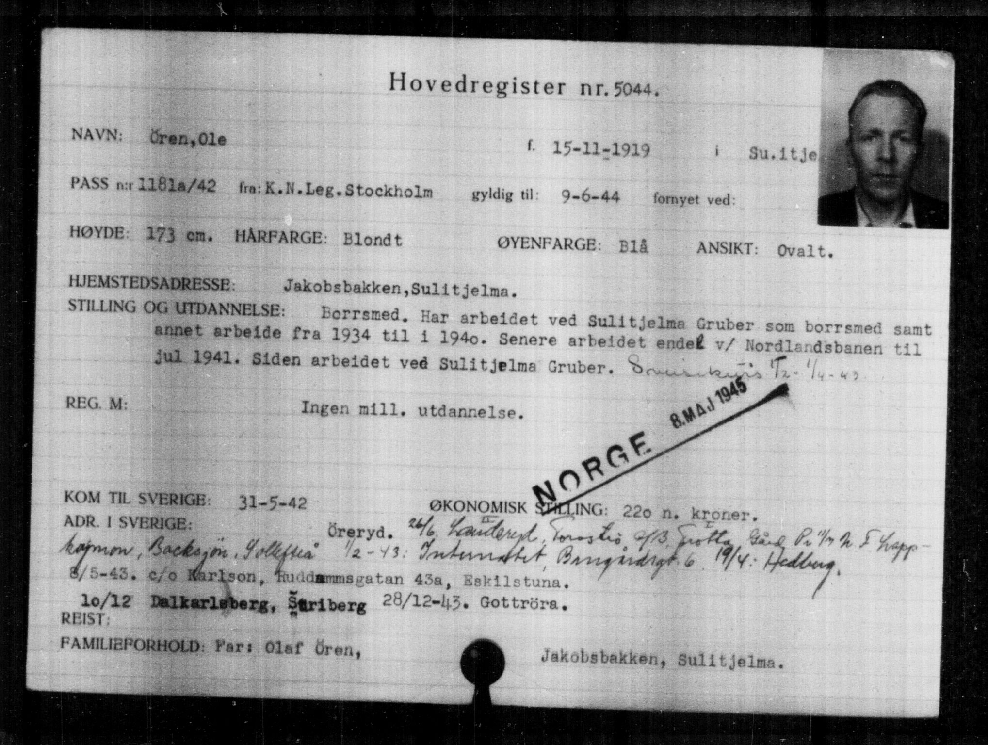 Utenriksstasjonene, Legasjonen i Stockholm, Flyktningkontoret, AV/RA-S-6753/V/Va/L0004: Kjesäterkartoteket, flyktninger med registreringsnr. 3496-6610, 1940-1945, p. 1832