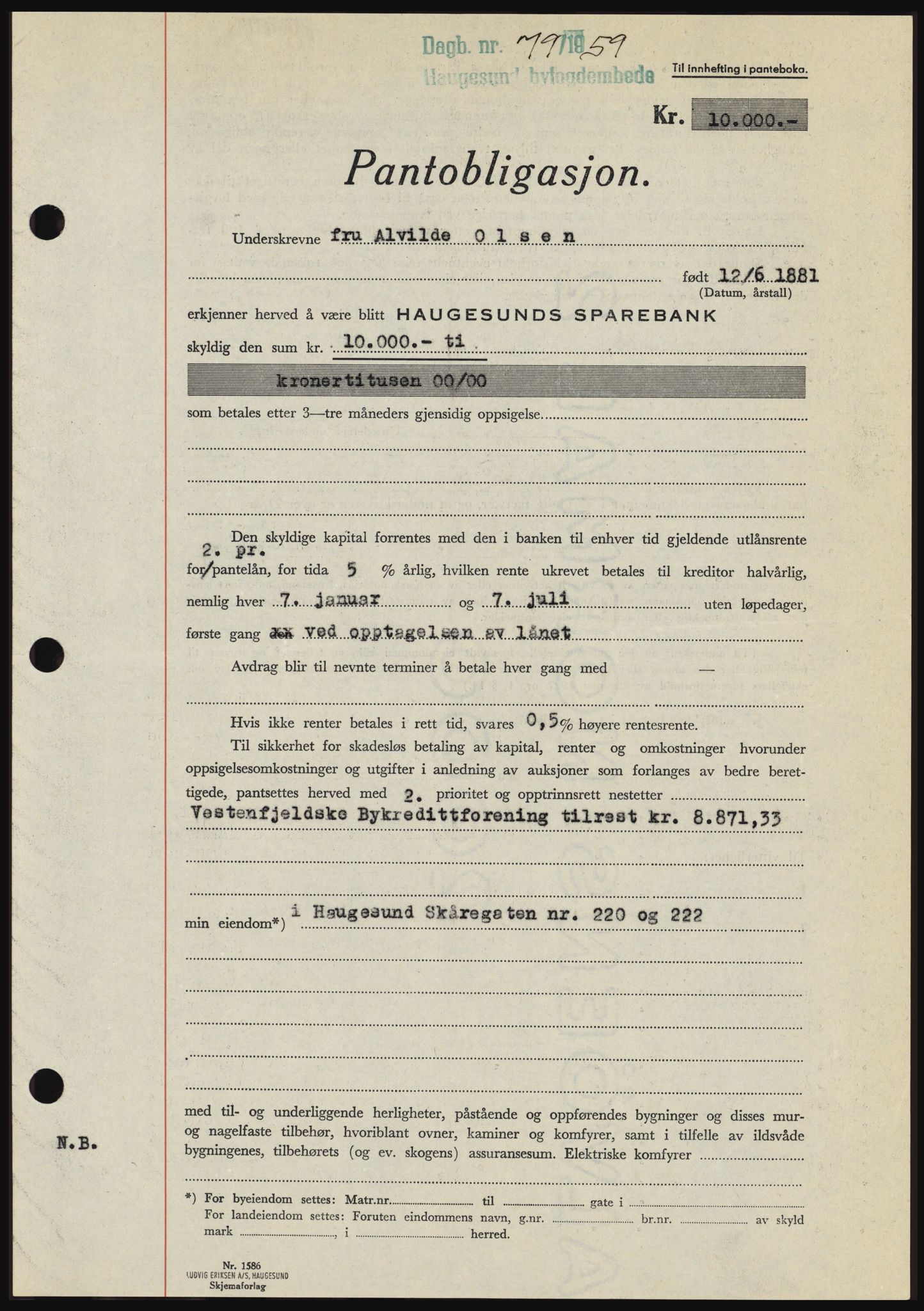Haugesund tingrett, SAST/A-101415/01/II/IIC/L0044: Mortgage book no. B 44, 1958-1959, Diary no: : 79/1959