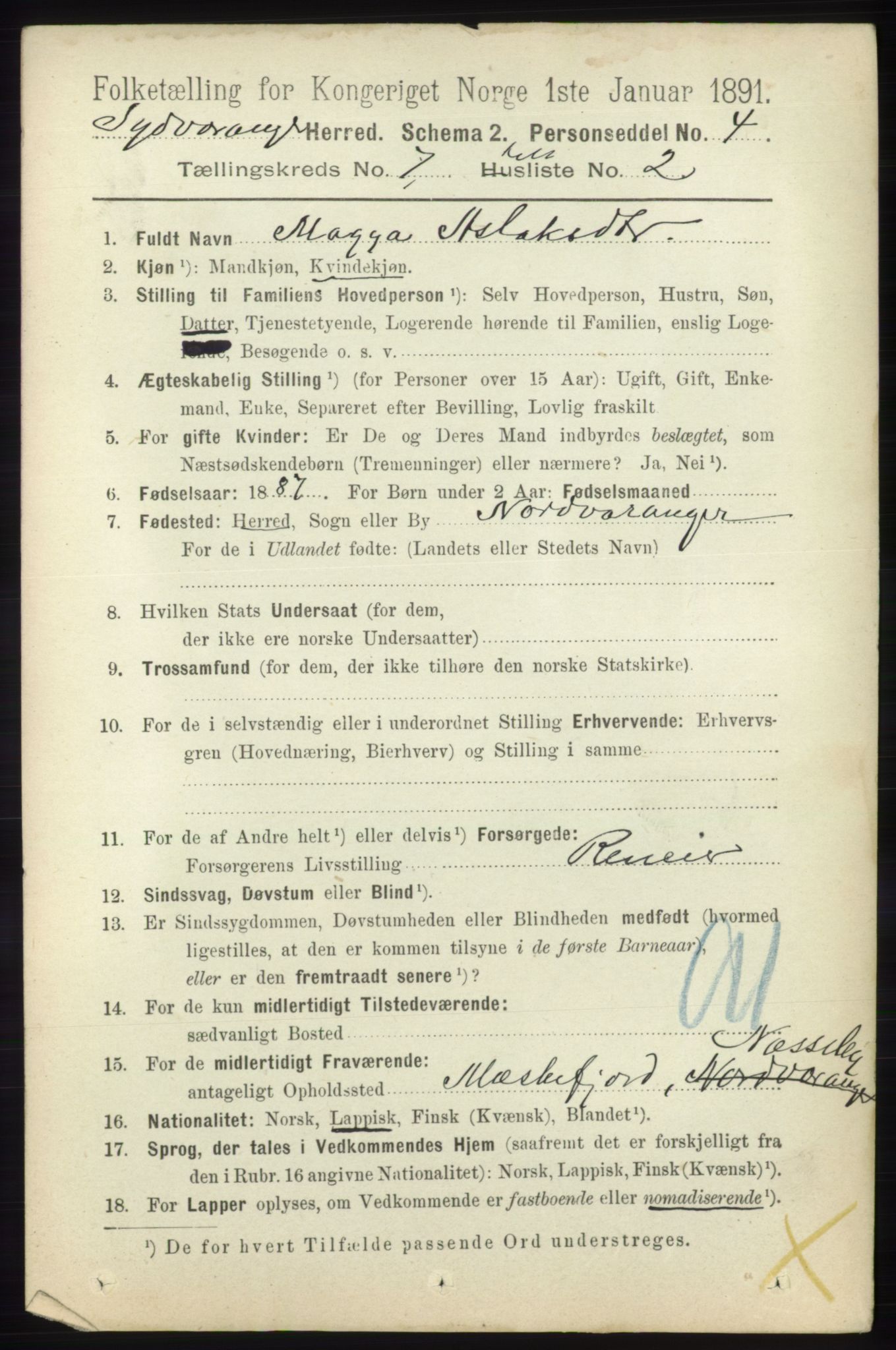 RA, 1891 census for 2030 Sør-Varanger, 1891, p. 2258