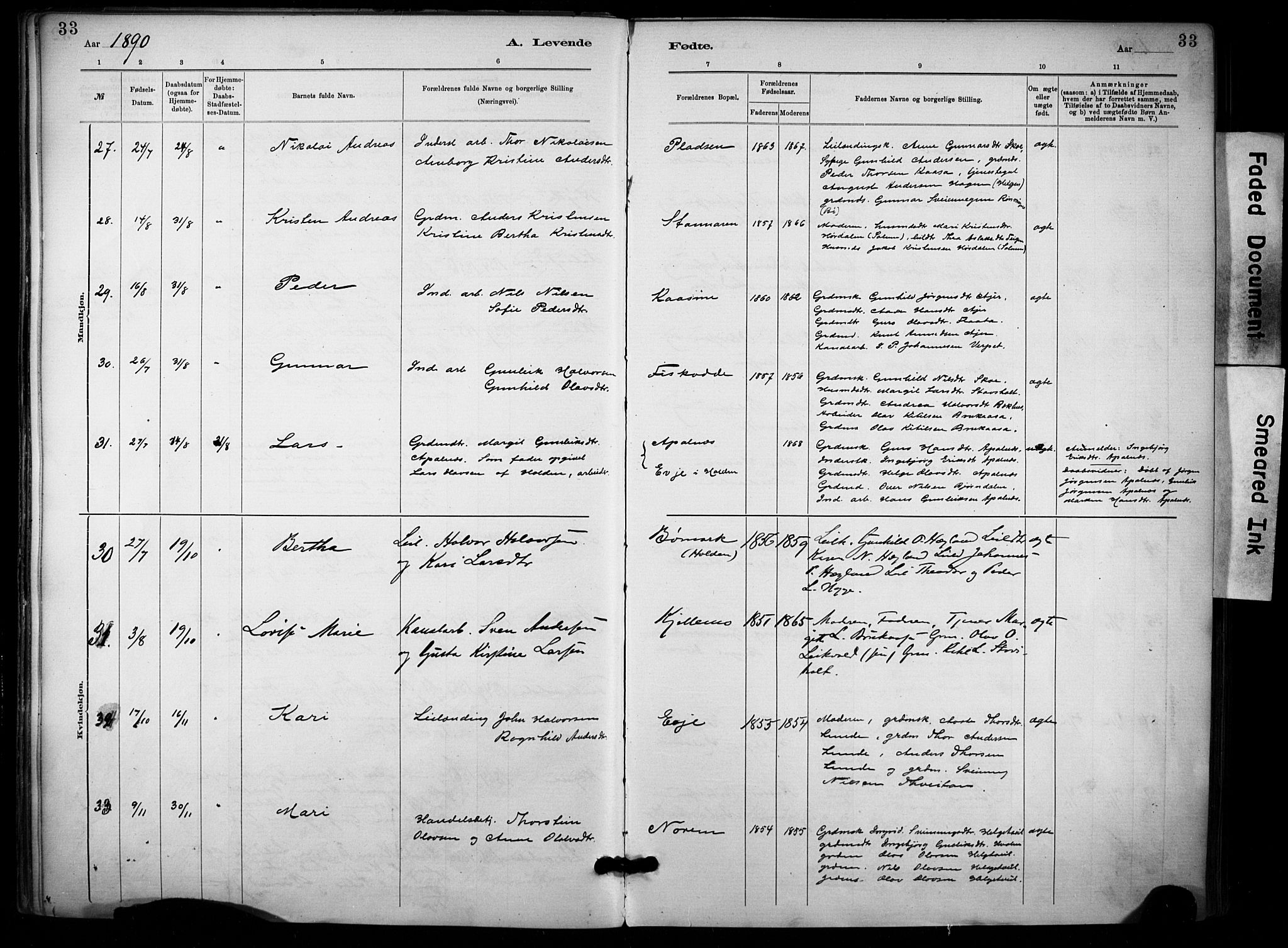 Lunde kirkebøker, SAKO/A-282/F/Fa/L0002: Parish register (official) no. I 2, 1884-1892, p. 33
