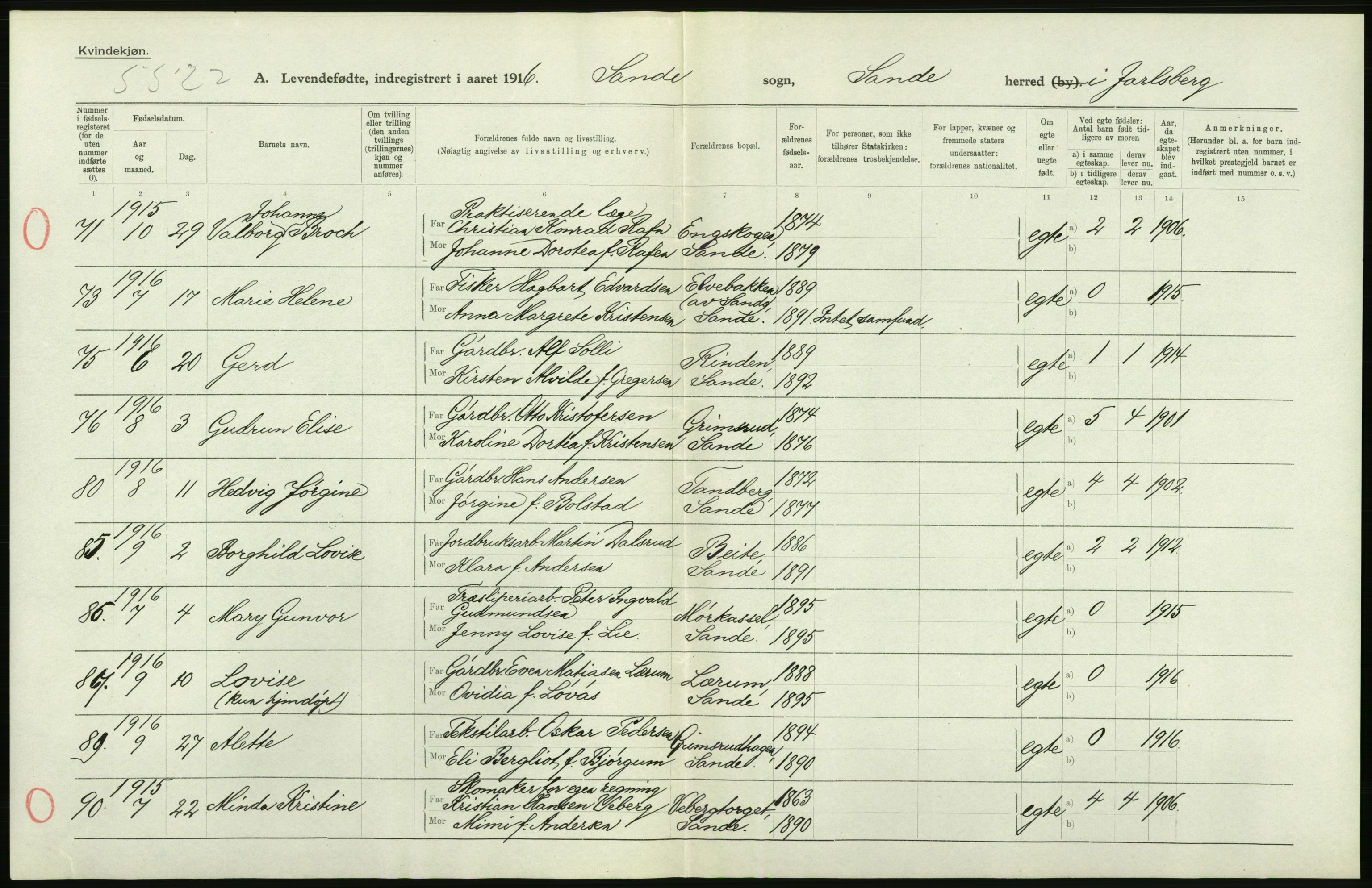 Statistisk sentralbyrå, Sosiodemografiske emner, Befolkning, AV/RA-S-2228/D/Df/Dfb/Dfbf/L0020: Jarlsberg og Larviks amt: Levendefødte menn og kvinner. Bygder og byer., 1916, p. 408