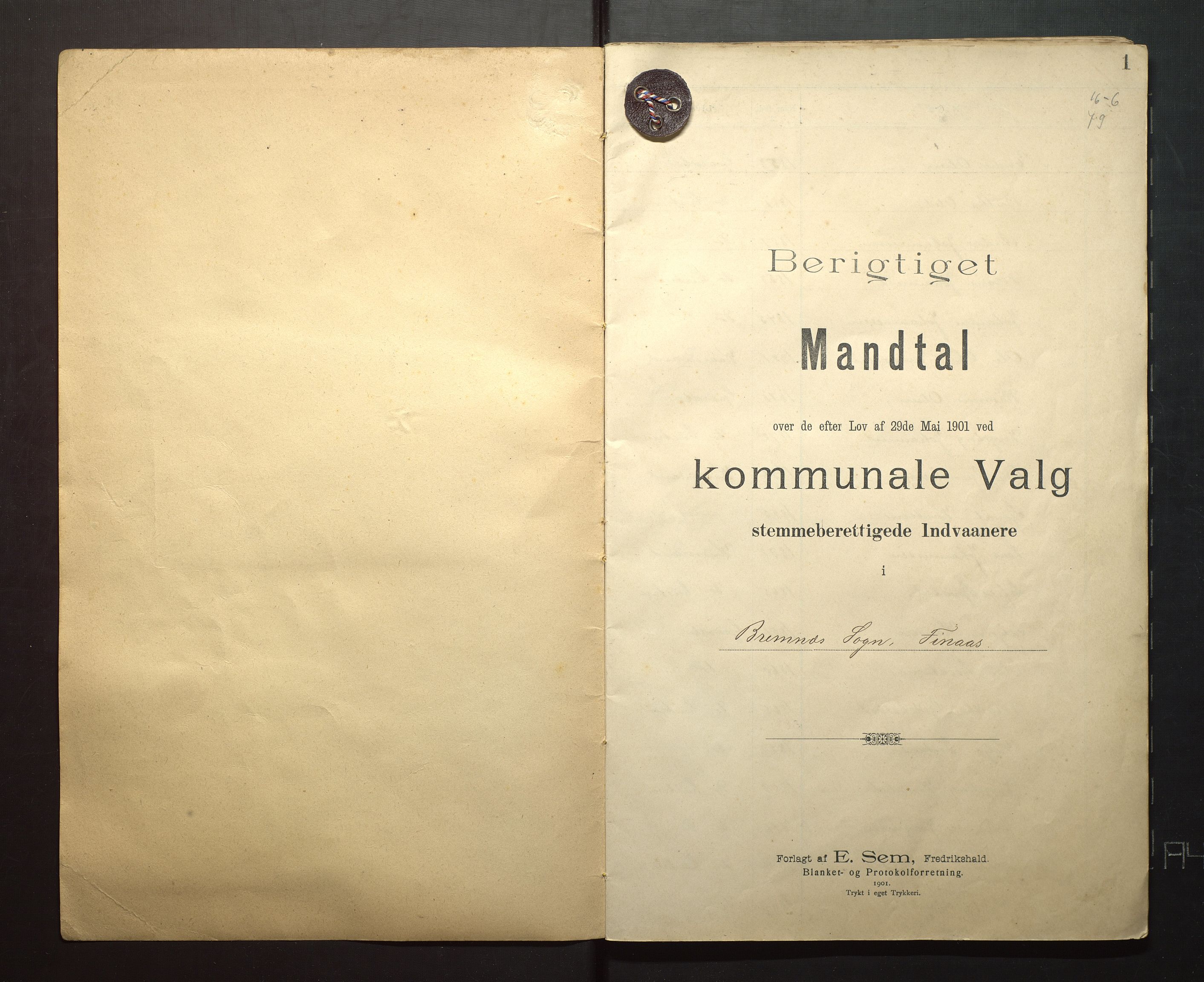 Finnaas kommune. Valstyret, IKAH/1218a-011/F/Fa/L0002: Manntal over røysteføre i Bremnes sokn, 1901, p. 1