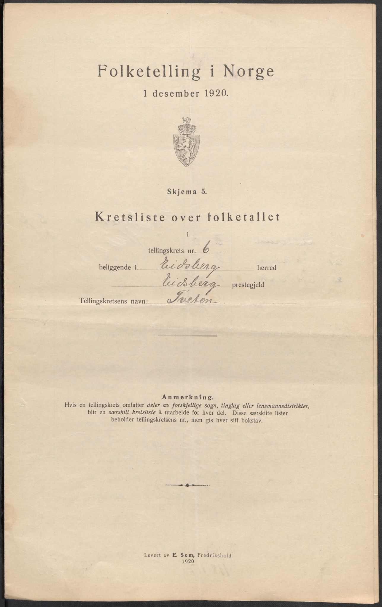 SAO, 1920 census for Eidsberg, 1920, p. 20