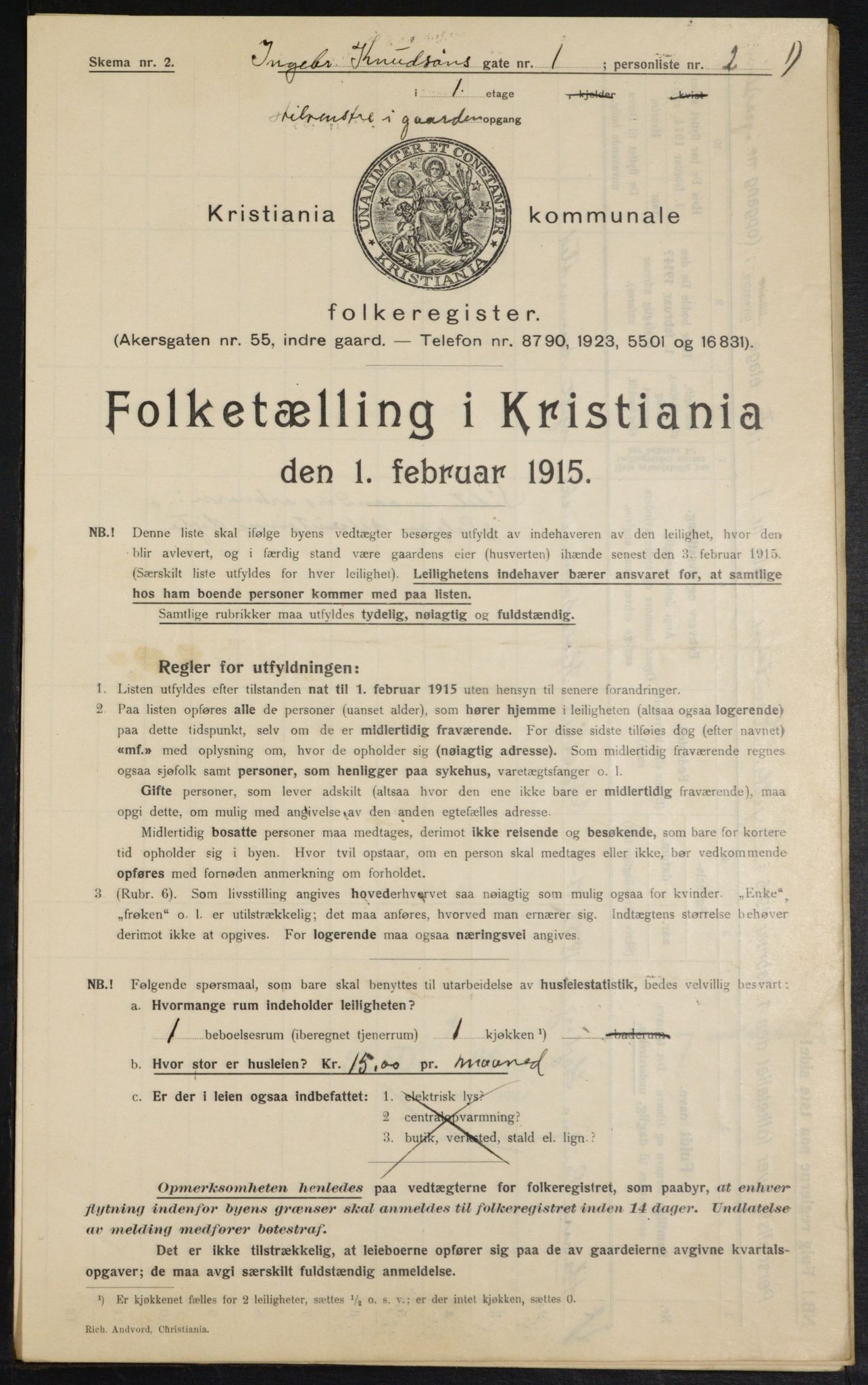 OBA, Municipal Census 1915 for Kristiania, 1915, p. 43308