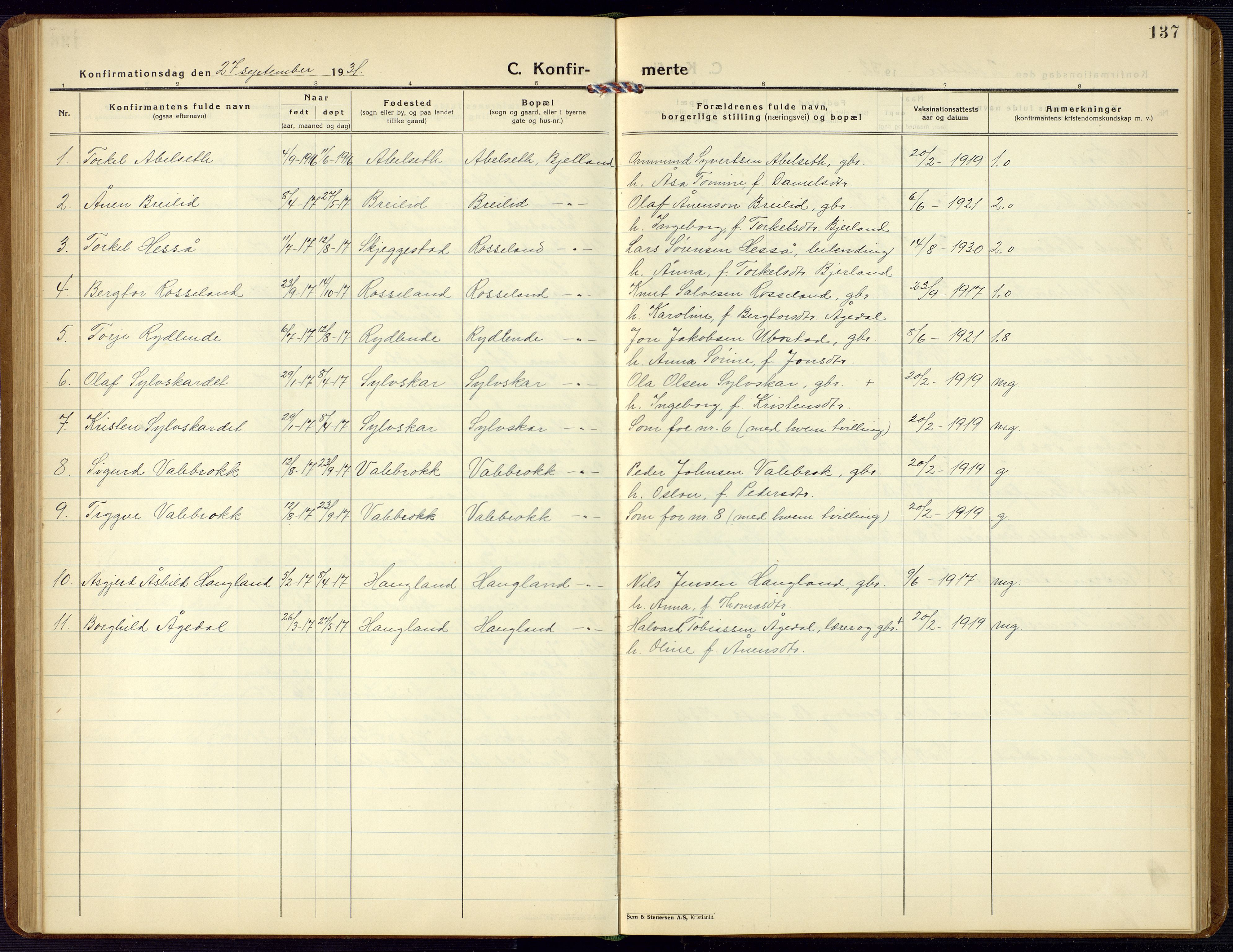 Bjelland sokneprestkontor, SAK/1111-0005/F/Fb/Fba/L0006: Parish register (copy) no. B 6, 1923-1956, p. 137