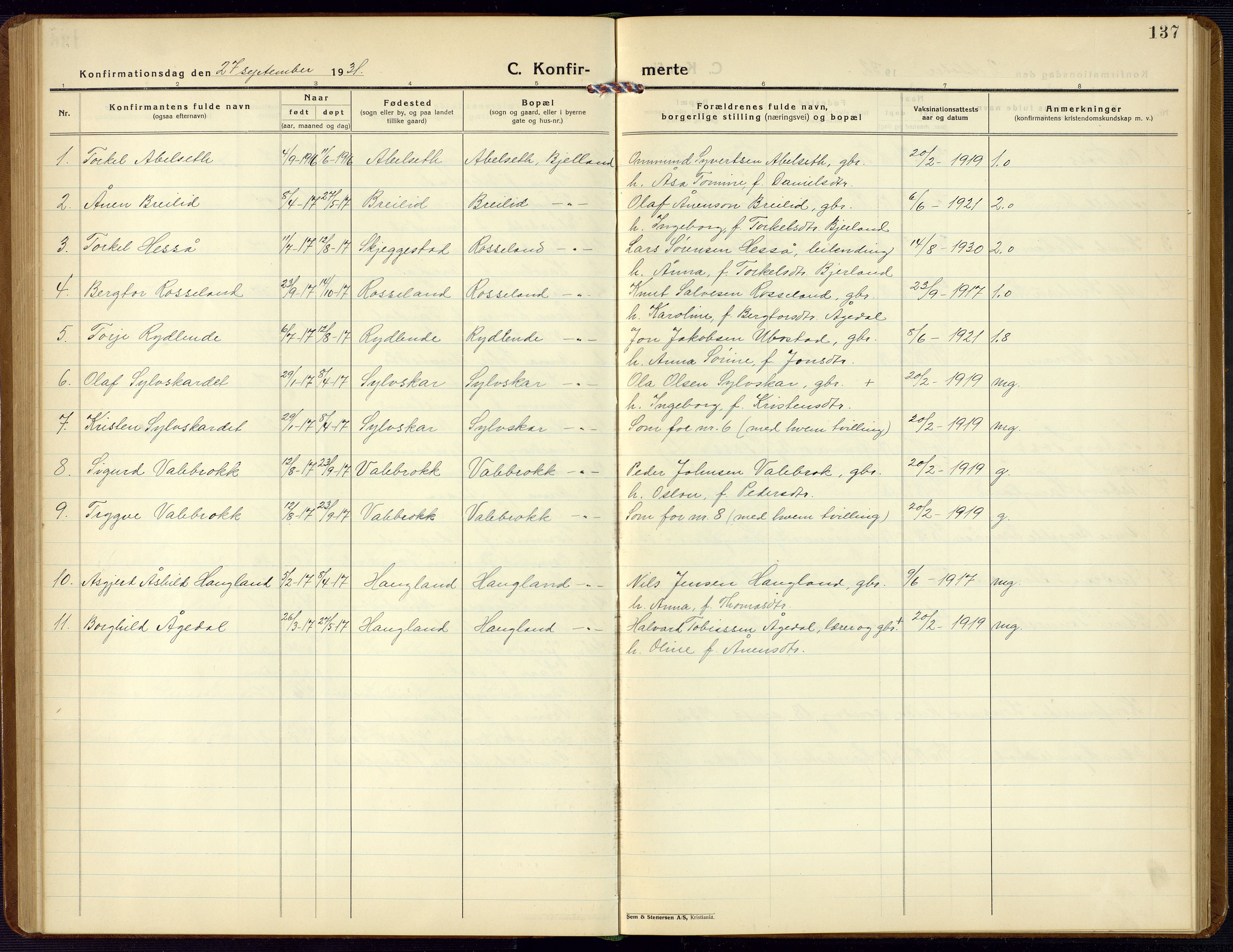 Bjelland sokneprestkontor, AV/SAK-1111-0005/F/Fb/Fba/L0006: Parish register (copy) no. B 6, 1923-1956, p. 137