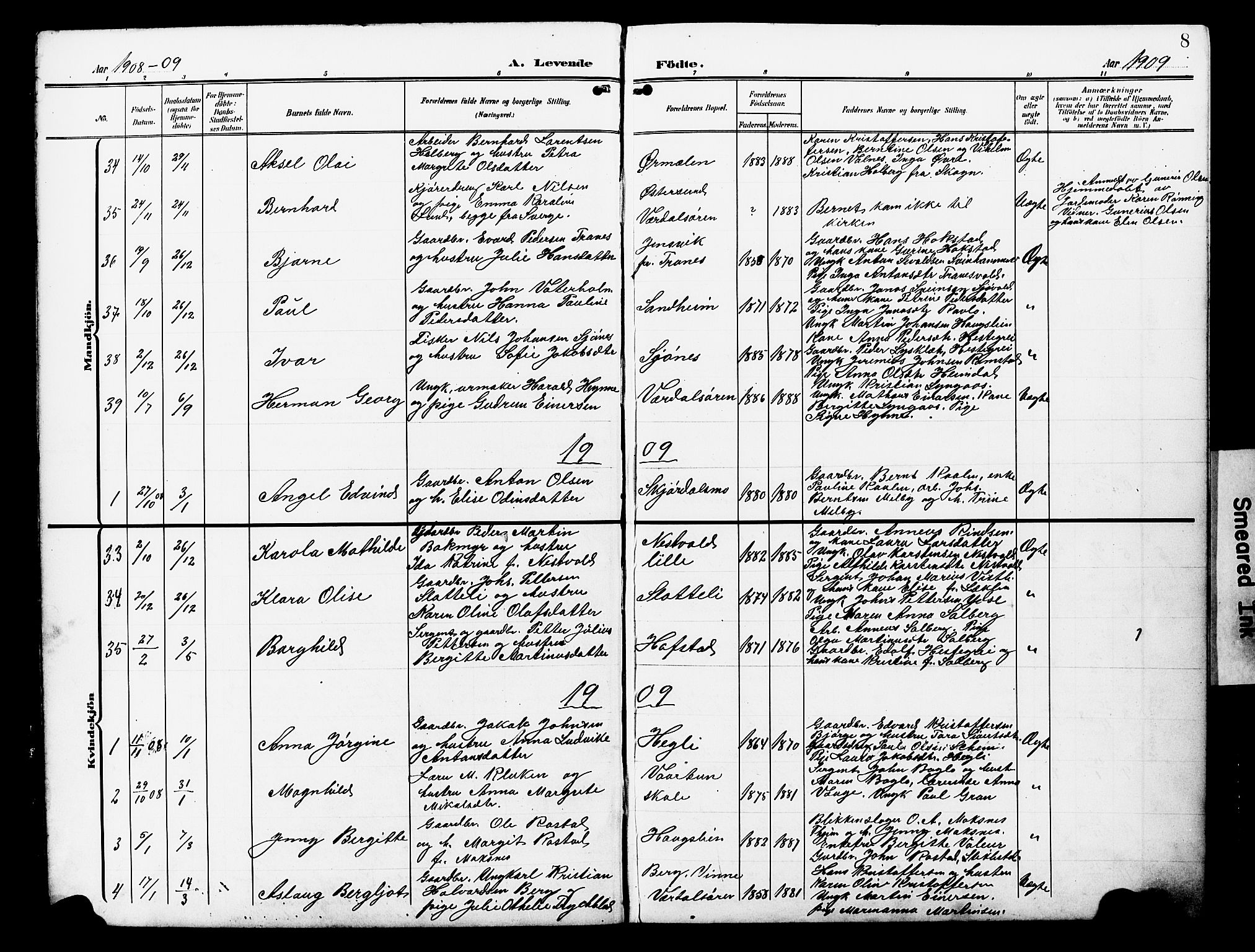 Ministerialprotokoller, klokkerbøker og fødselsregistre - Nord-Trøndelag, AV/SAT-A-1458/723/L0258: Parish register (copy) no. 723C06, 1908-1927, p. 8