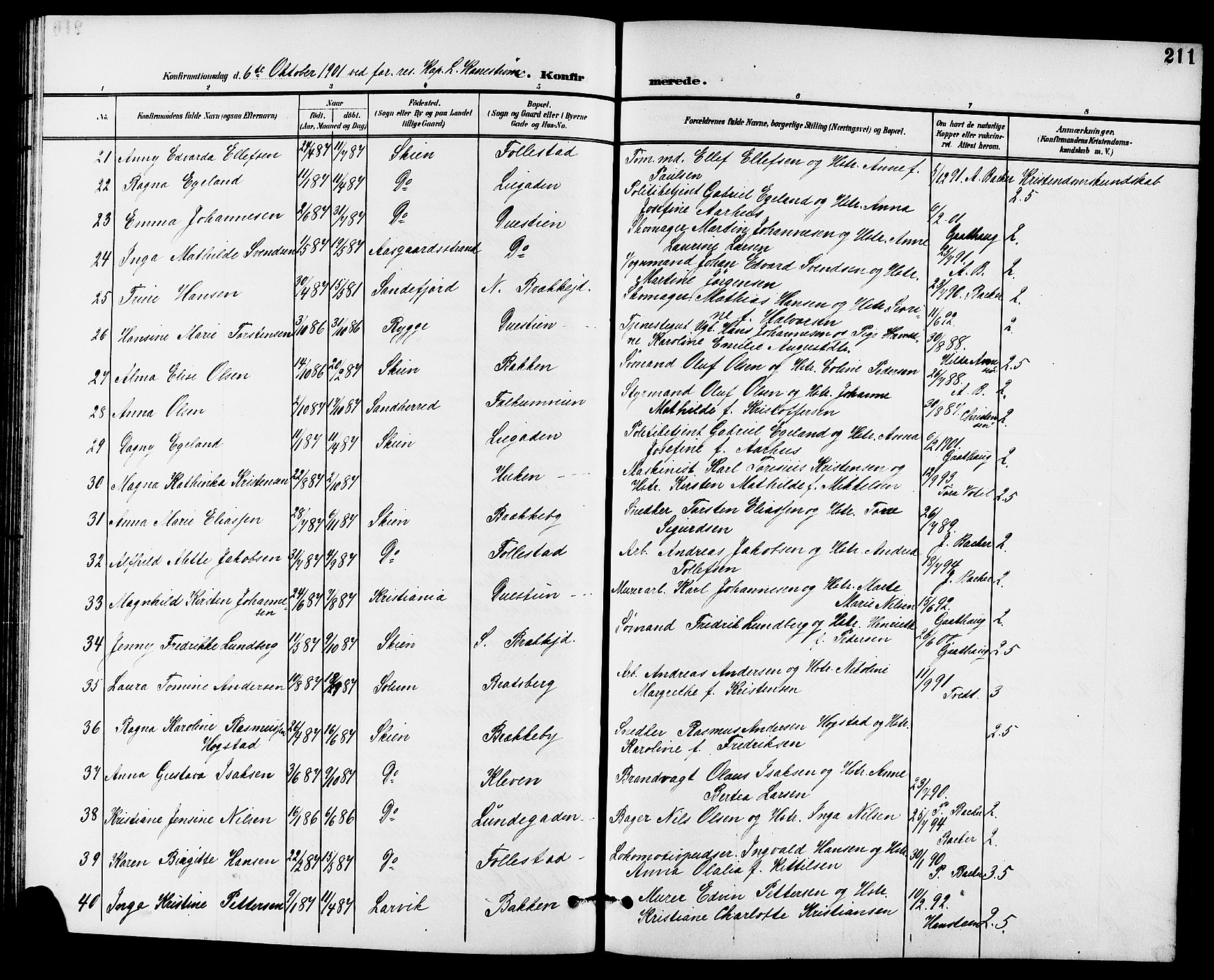 Skien kirkebøker, SAKO/A-302/G/Ga/L0008: Parish register (copy) no. 8, 1900-1910, p. 211