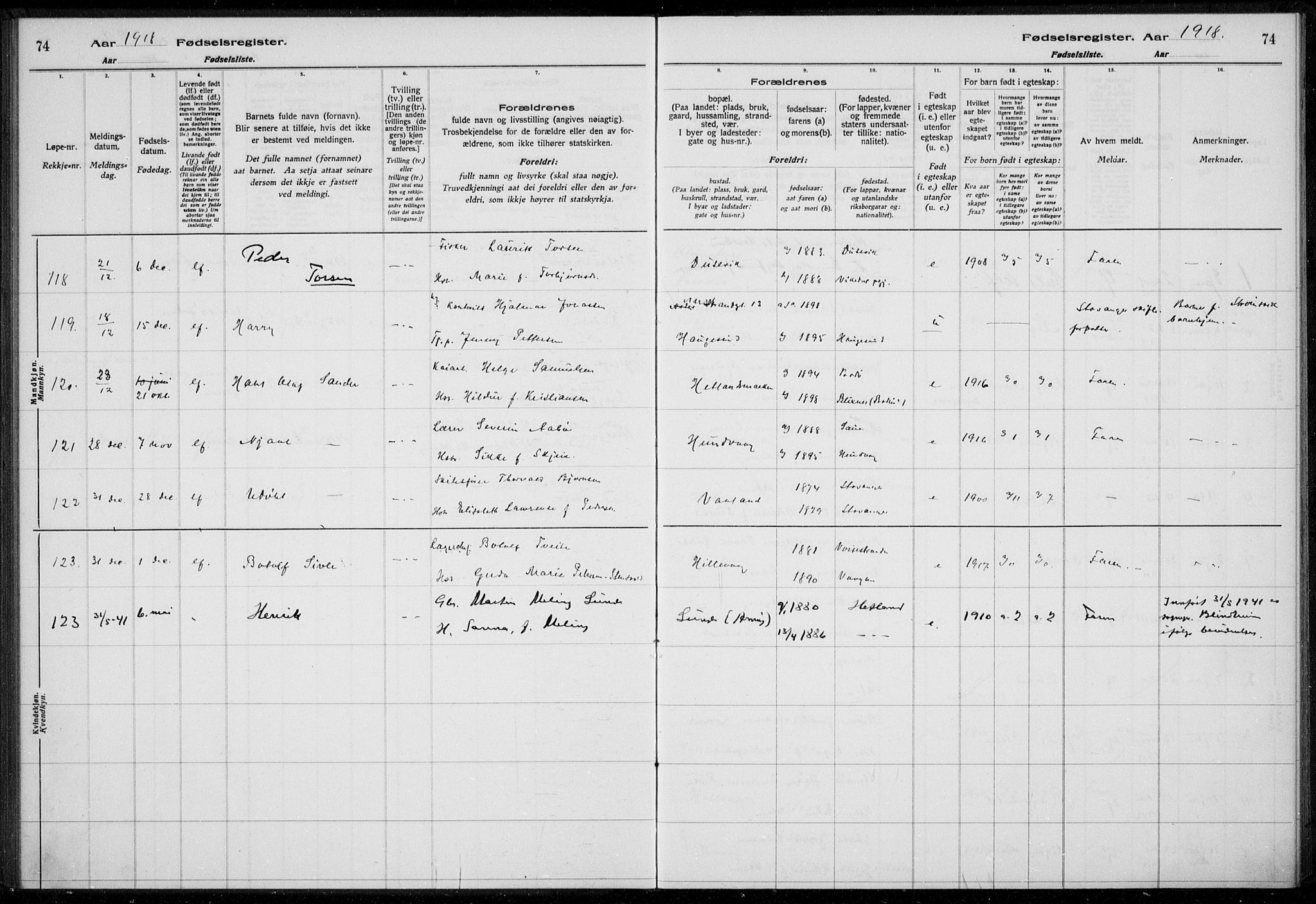 Hetland sokneprestkontor, SAST/A-101826/70/704BA/L0003: Birth register no. 1, 1916-1923, p. 74