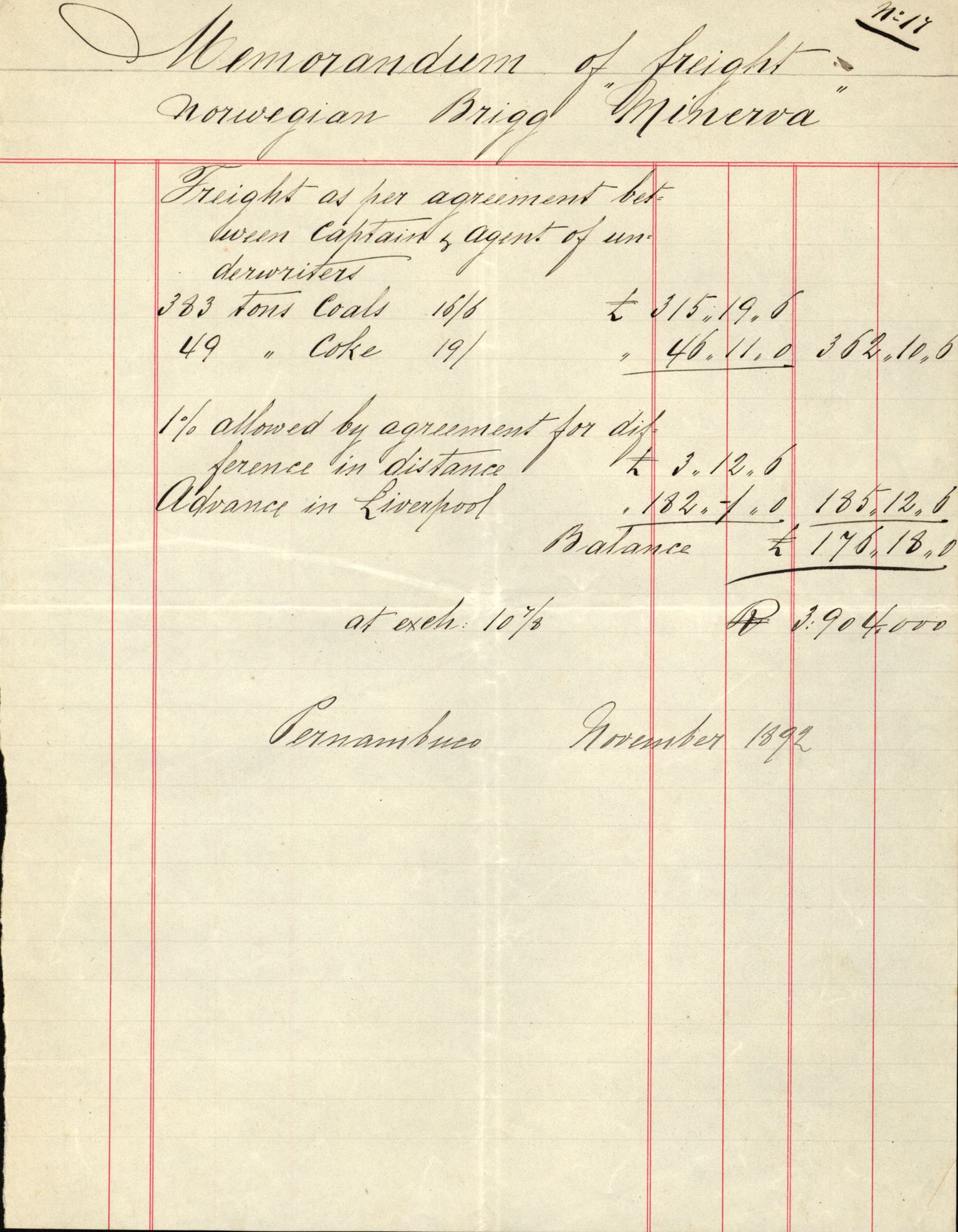 Pa 63 - Østlandske skibsassuranceforening, VEMU/A-1079/G/Ga/L0028/0003: Havaridokumenter / Minerva, Mathilde, Magnolia, Sir John Lawrence, 1892, p. 72