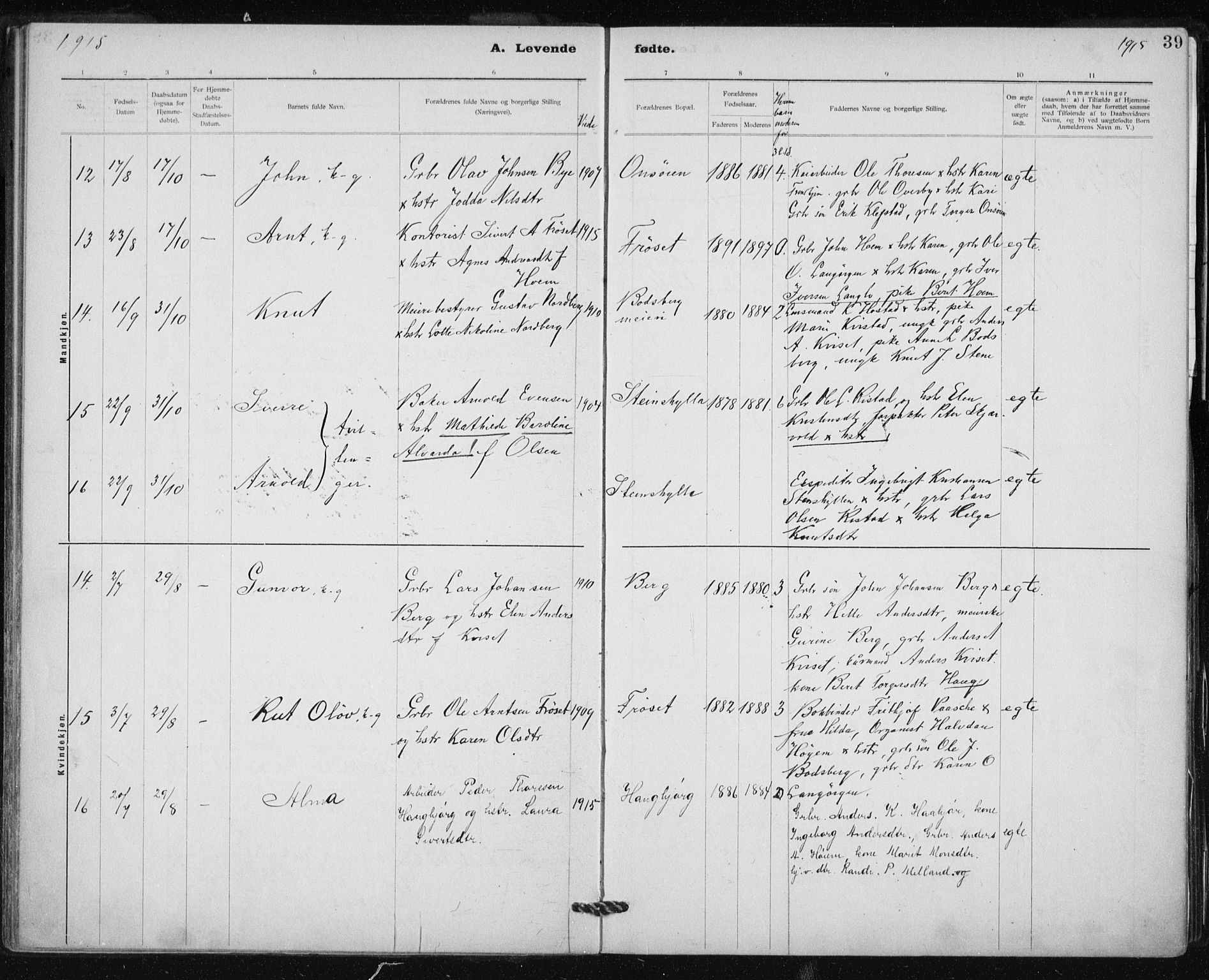 Ministerialprotokoller, klokkerbøker og fødselsregistre - Sør-Trøndelag, SAT/A-1456/612/L0381: Parish register (official) no. 612A13, 1907-1923, p. 39