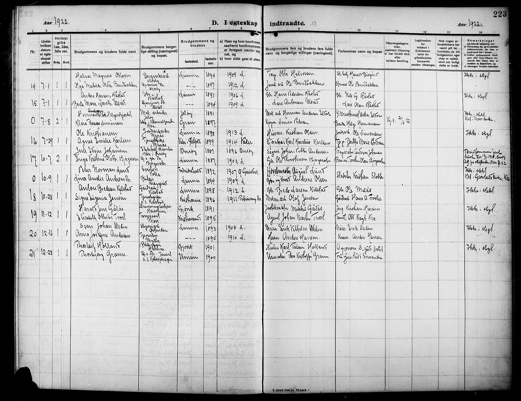 Lunner prestekontor, SAH/PREST-118/H/Ha/Hab/L0001: Parish register (copy) no. 1, 1909-1922, p. 223