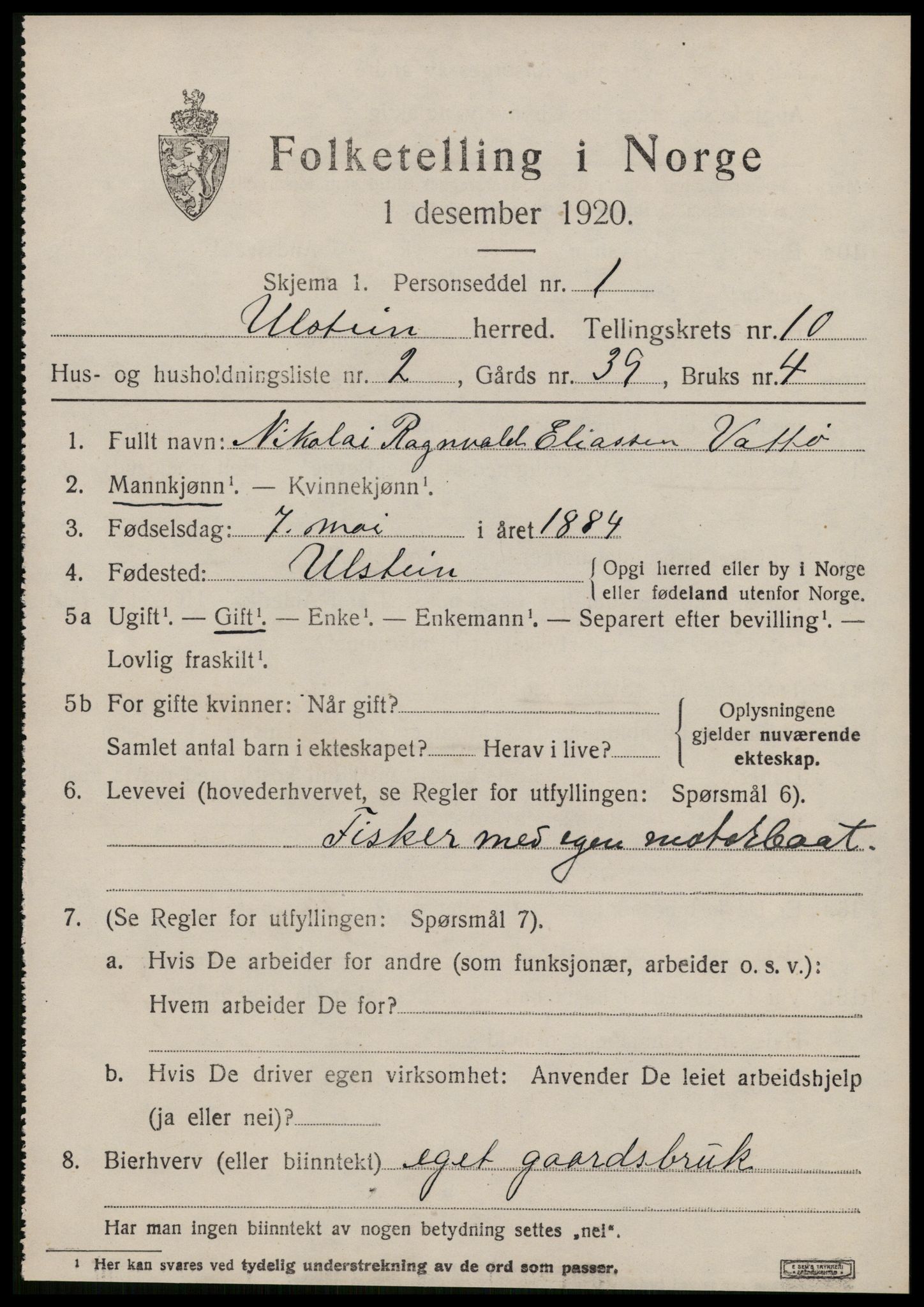 SAT, 1920 census for Ulstein, 1920, p. 5336