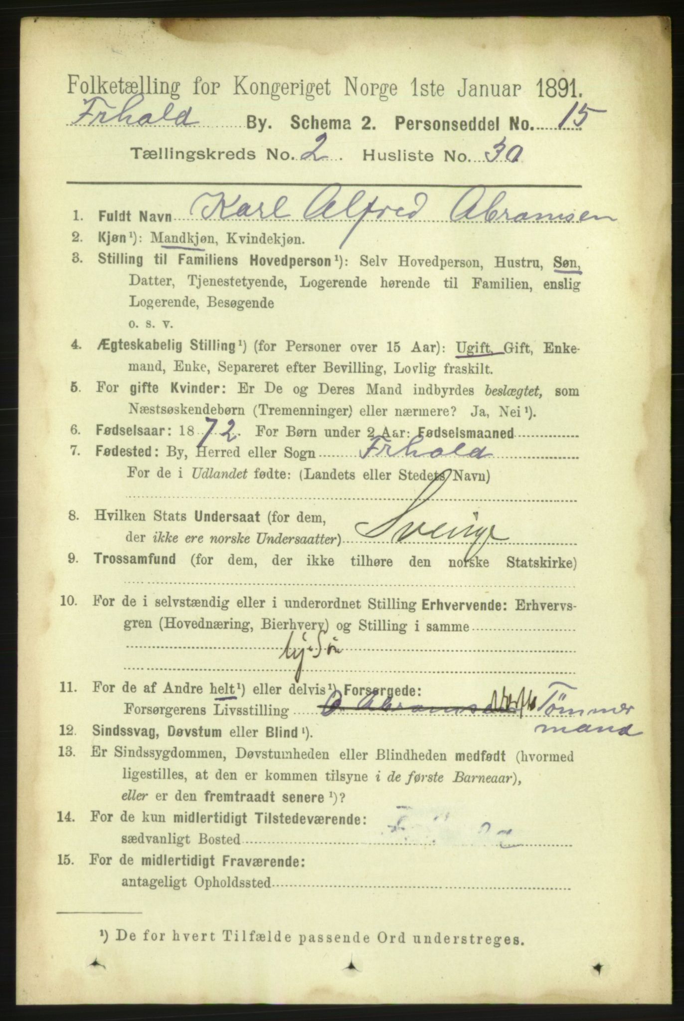 RA, 1891 census for 0101 Fredrikshald, 1891, p. 3023