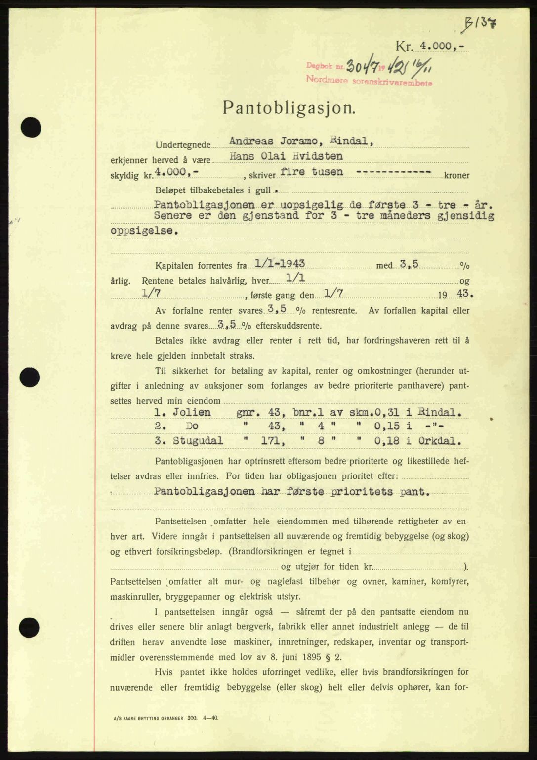 Nordmøre sorenskriveri, AV/SAT-A-4132/1/2/2Ca: Mortgage book no. B90, 1942-1943, Diary no: : 3047/1942