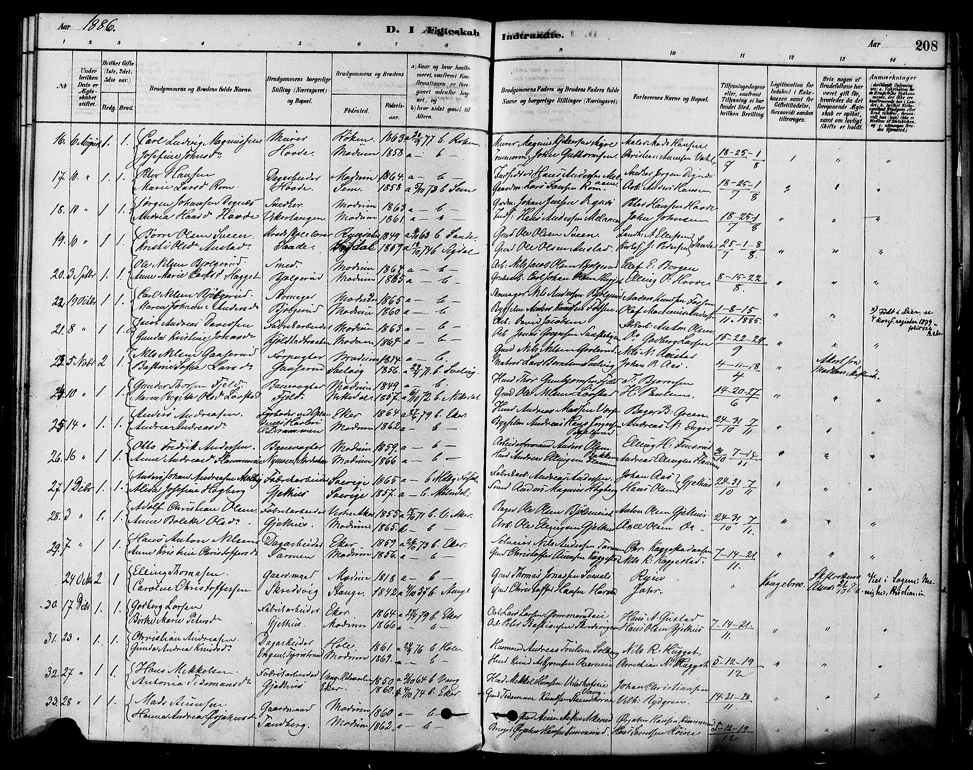 Modum kirkebøker, AV/SAKO-A-234/F/Fa/L0011: Parish register (official) no. 11, 1877-1889, p. 208