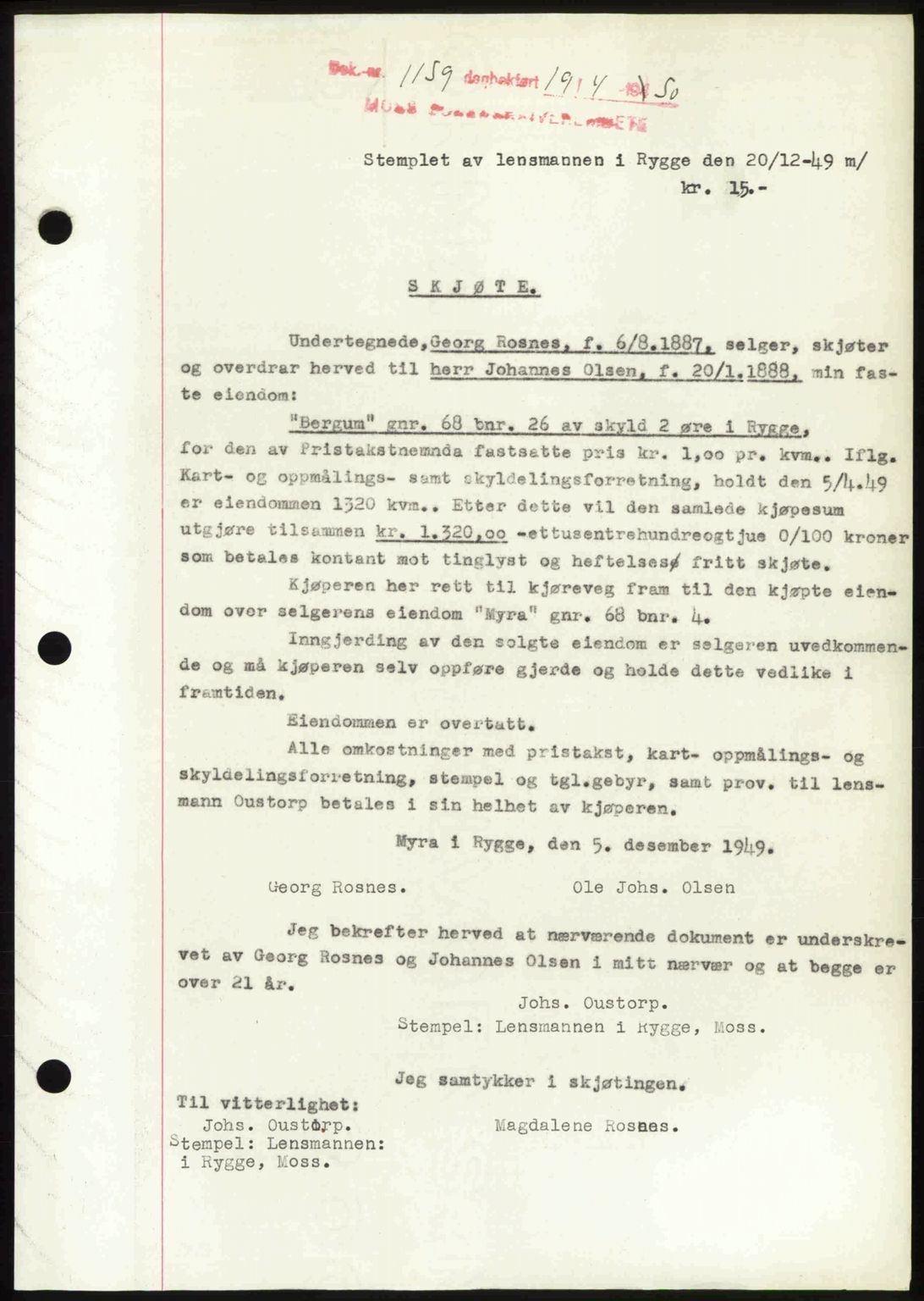 Moss sorenskriveri, SAO/A-10168: Mortgage book no. A25, 1950-1950, Diary no: : 1159/1950