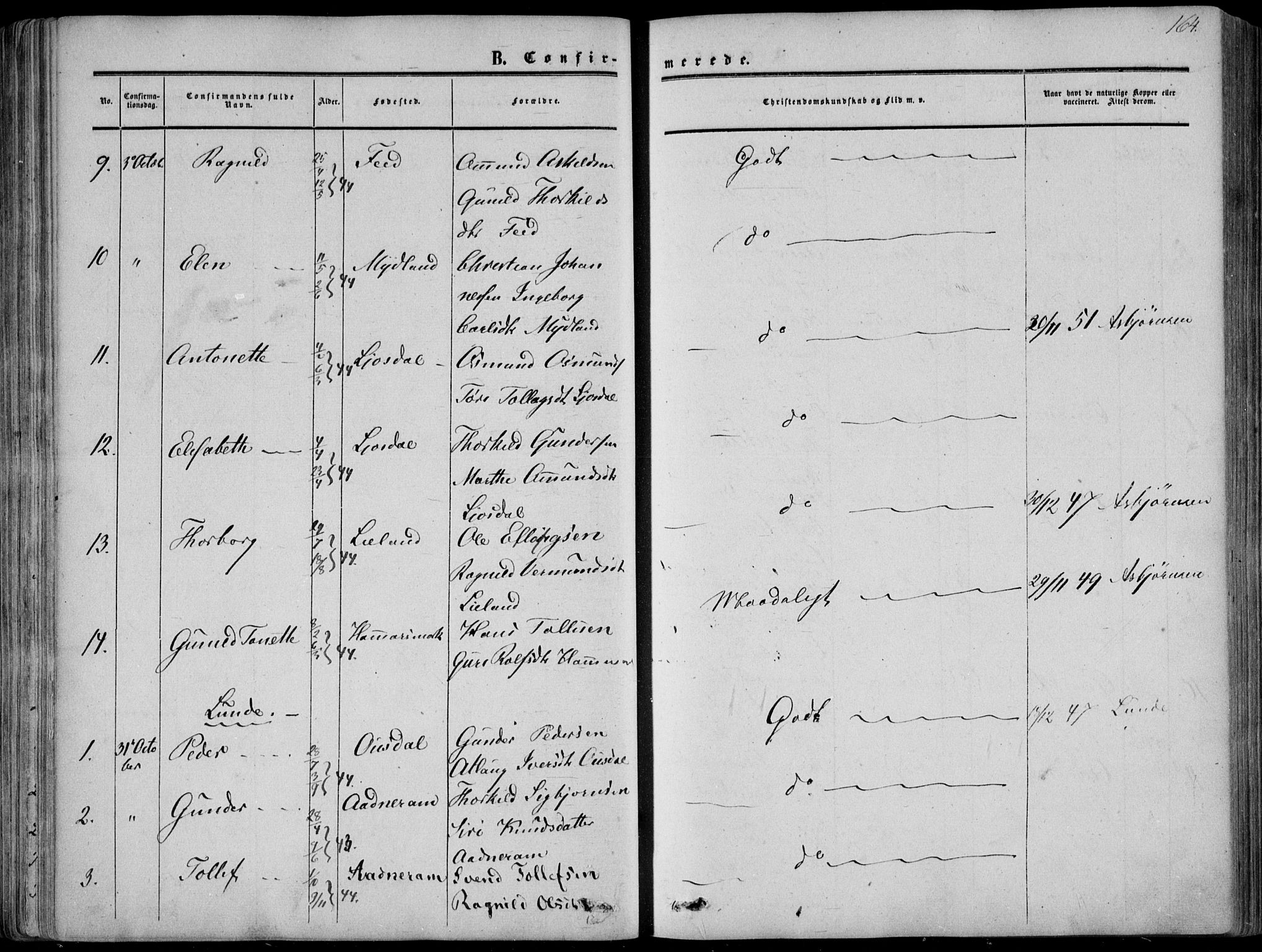Sirdal sokneprestkontor, AV/SAK-1111-0036/F/Fa/Fab/L0002: Parish register (official) no. A 2, 1855-1874, p. 164