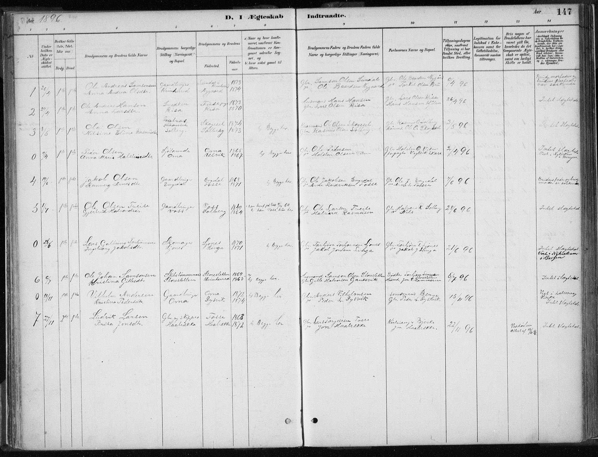 Strandebarm sokneprestembete, AV/SAB-A-78401/H/Haa: Parish register (official) no. B  1, 1886-1908, p. 147