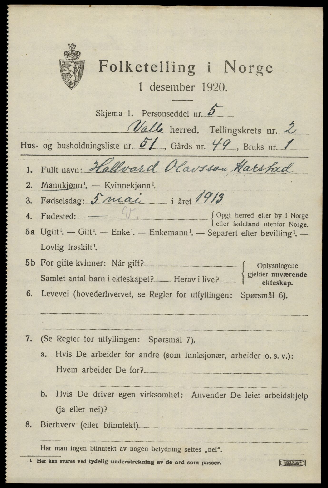 SAK, 1920 census for Valle, 1920, p. 1537