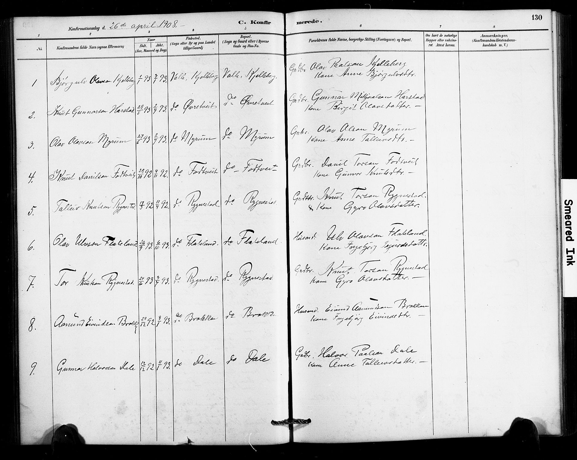 Valle sokneprestkontor, AV/SAK-1111-0044/F/Fb/Fbc/L0004: Parish register (copy) no. B 4, 1890-1928, p. 130