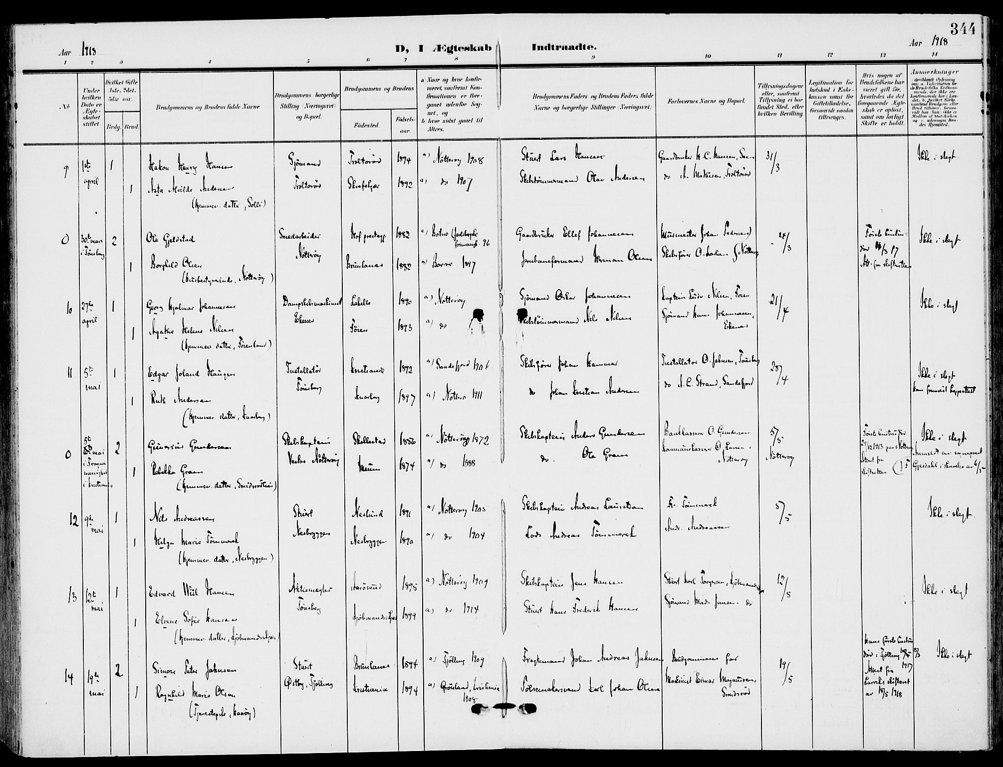 Nøtterøy kirkebøker, AV/SAKO-A-354/F/Fa/L0010: Parish register (official) no. I 10, 1908-1919, p. 344