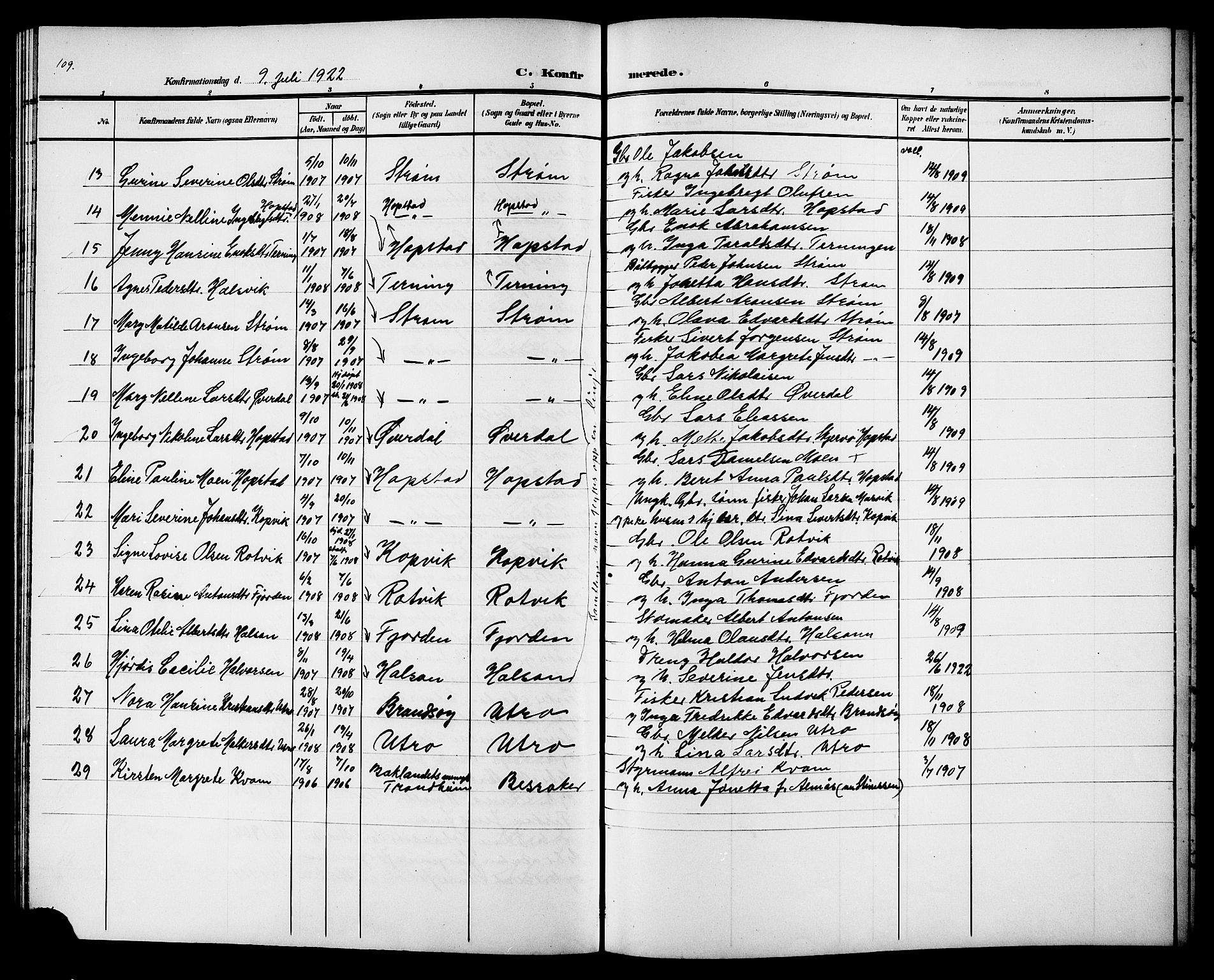 Ministerialprotokoller, klokkerbøker og fødselsregistre - Sør-Trøndelag, AV/SAT-A-1456/657/L0717: Parish register (copy) no. 657C04, 1904-1923, p. 109