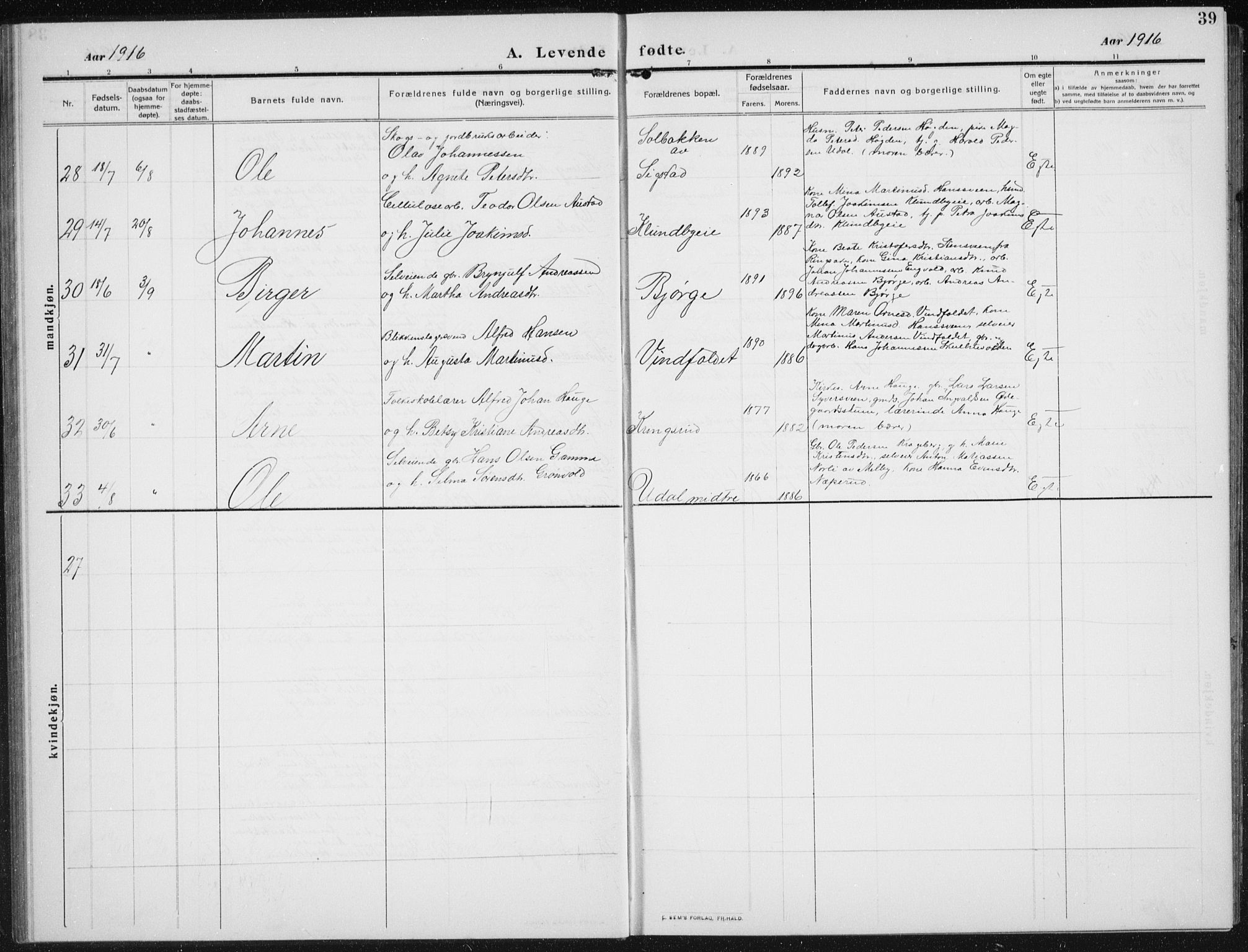 Biri prestekontor, AV/SAH-PREST-096/H/Ha/Hab/L0006: Parish register (copy) no. 6, 1909-1938, p. 39