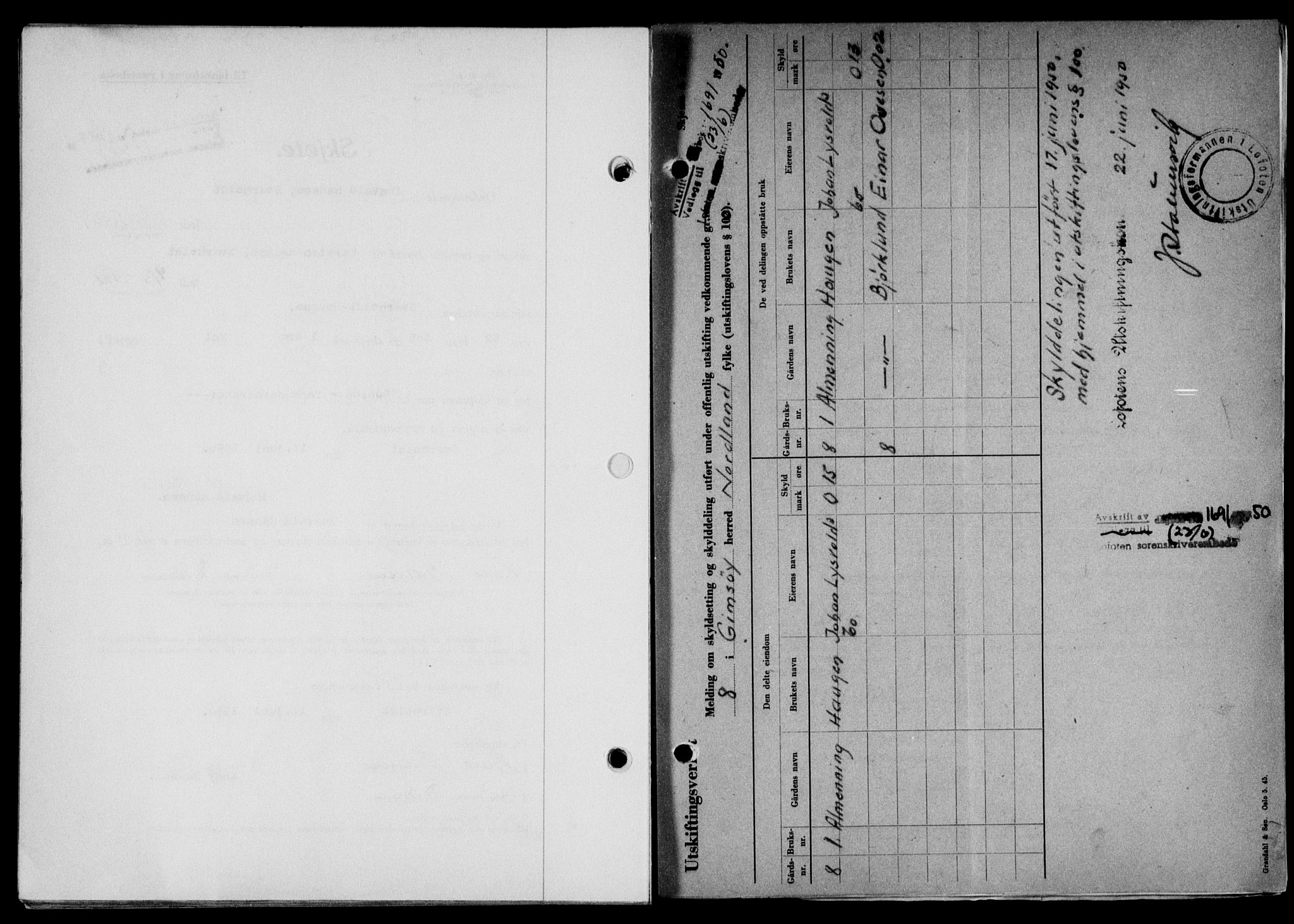 Lofoten sorenskriveri, SAT/A-0017/1/2/2C/L0023a: Mortgage book no. 23a, 1950-1950, Diary no: : 1691/1950
