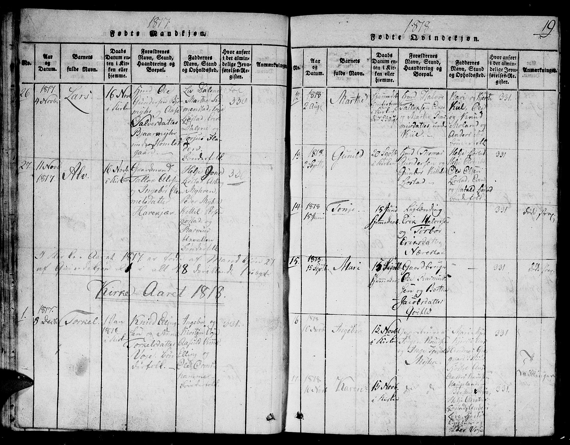 Gjerstad sokneprestkontor, SAK/1111-0014/F/Fb/Fbb/L0001: Parish register (copy) no. B 1, 1813-1863, p. 19