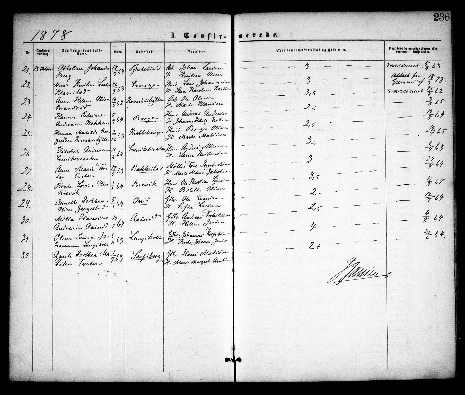 Skjeberg prestekontor Kirkebøker, SAO/A-10923/F/Fa/L0008: Parish register (official) no. I 8, 1869-1885, p. 236