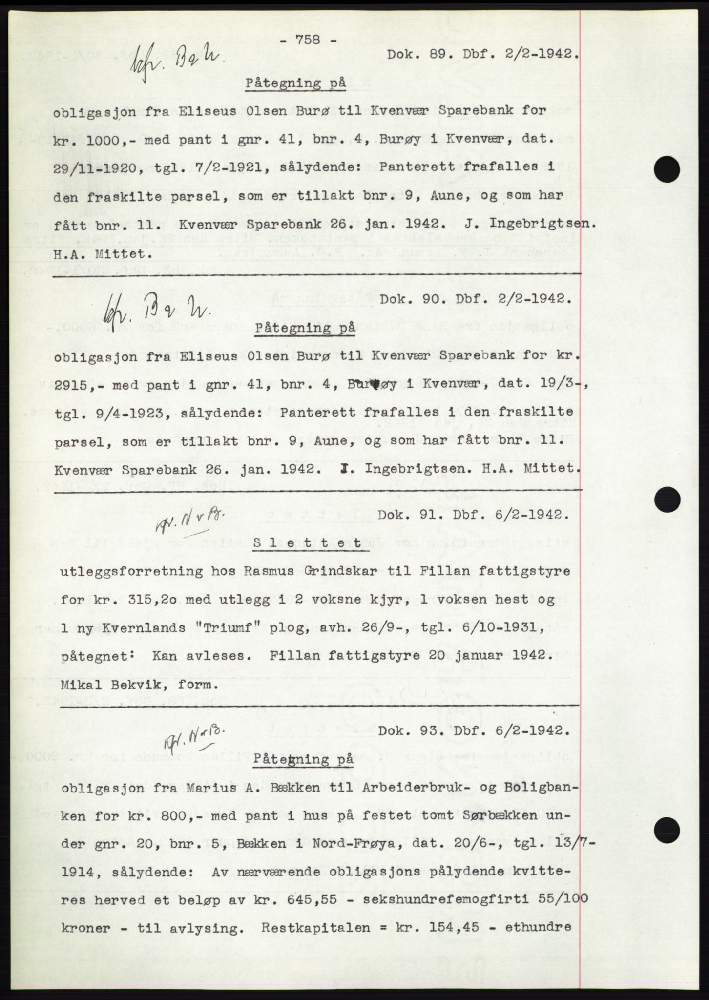 Hitra sorenskriveri, AV/SAT-A-0018/2/2C/2Ca: Mortgage book no. C1, 1936-1945, Diary no: : 89/1942