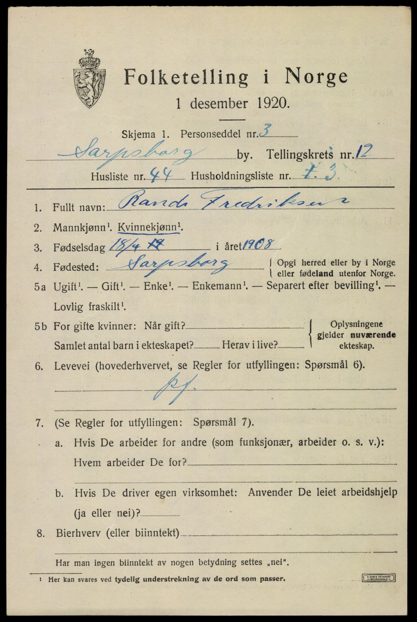 SAO, 1920 census for Sarpsborg, 1920, p. 26056