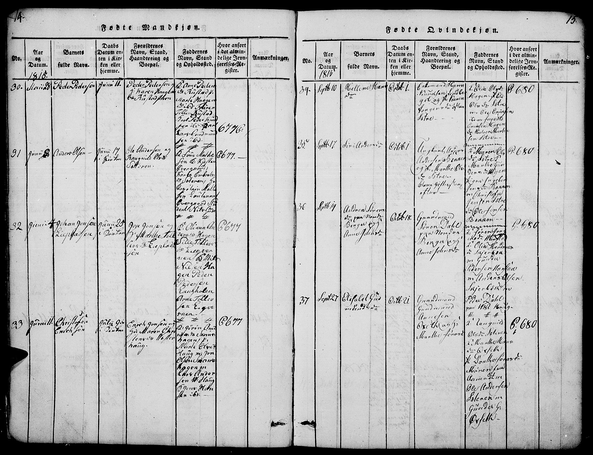 Elverum prestekontor, AV/SAH-PREST-044/H/Ha/Hab/L0001: Parish register (copy) no. 1, 1815-1829, p. 14-15