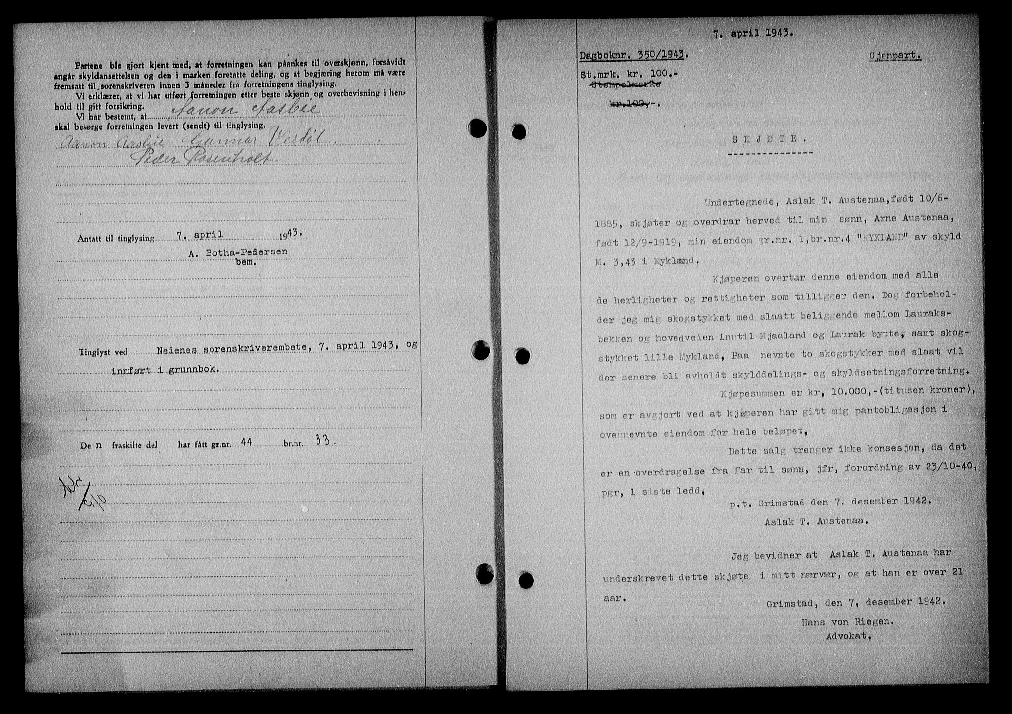 Nedenes sorenskriveri, SAK/1221-0006/G/Gb/Gba/L0050: Mortgage book no. A-IV, 1942-1943, Diary no: : 350/1943