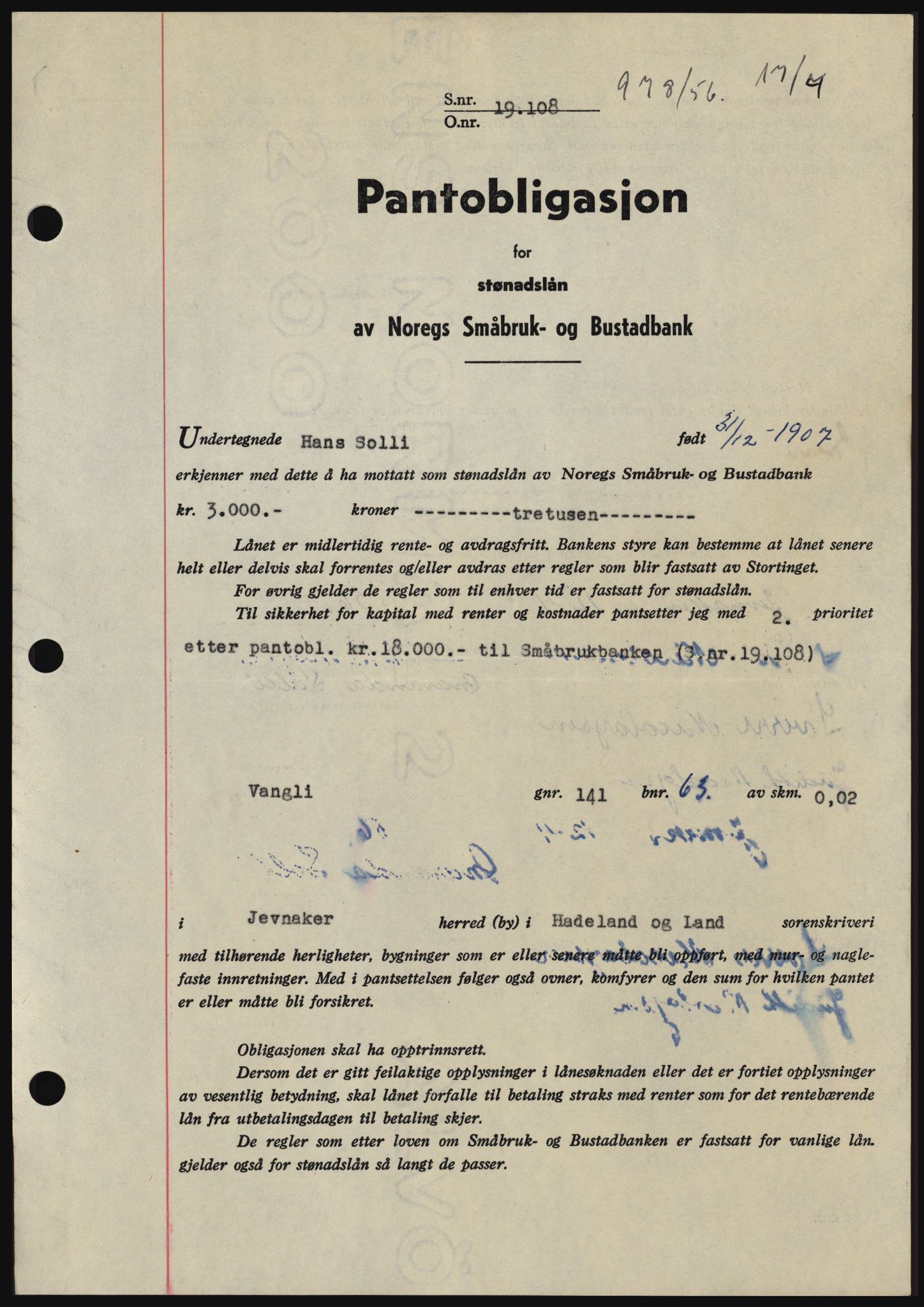 Hadeland og Land tingrett, SAH/TING-010/H/Hb/Hbc/L0034: Mortgage book no. B34, 1956-1956, Diary no: : 978/1956