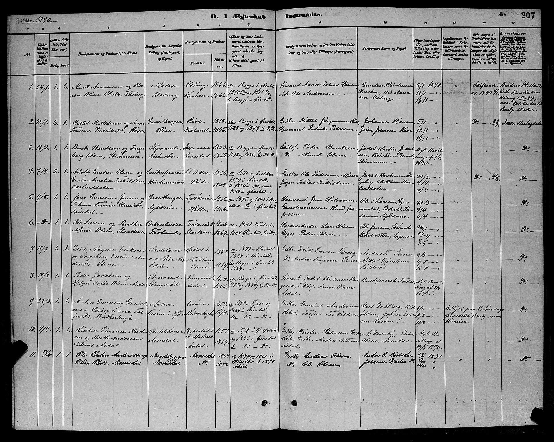 Øyestad sokneprestkontor, AV/SAK-1111-0049/F/Fb/L0009: Parish register (copy) no. B 9, 1886-1896, p. 207