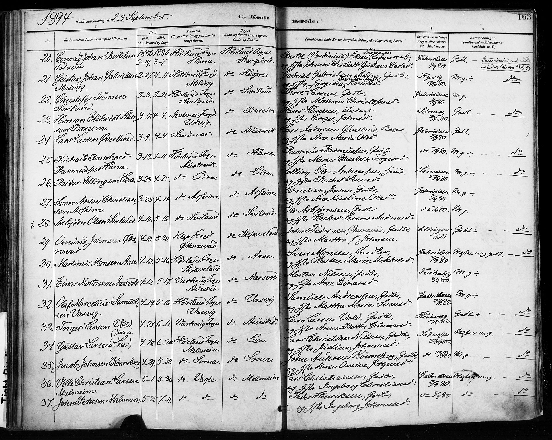 Høyland sokneprestkontor, SAST/A-101799/001/30BA/L0013: Parish register (official) no. A 13.1, 1889-1898, p. 163