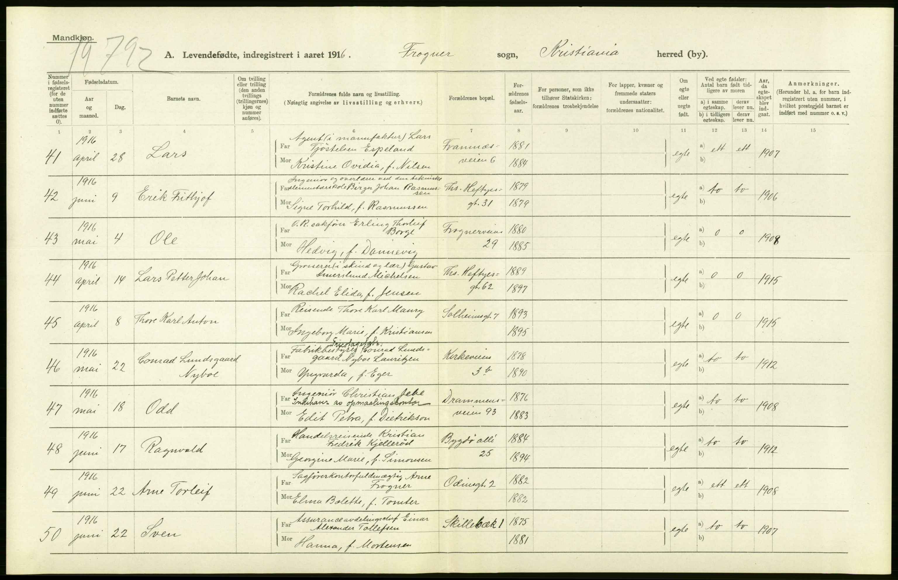 Statistisk sentralbyrå, Sosiodemografiske emner, Befolkning, AV/RA-S-2228/D/Df/Dfb/Dfbf/L0006: Kristiania: Levendefødte menn og kvinner., 1916, p. 134