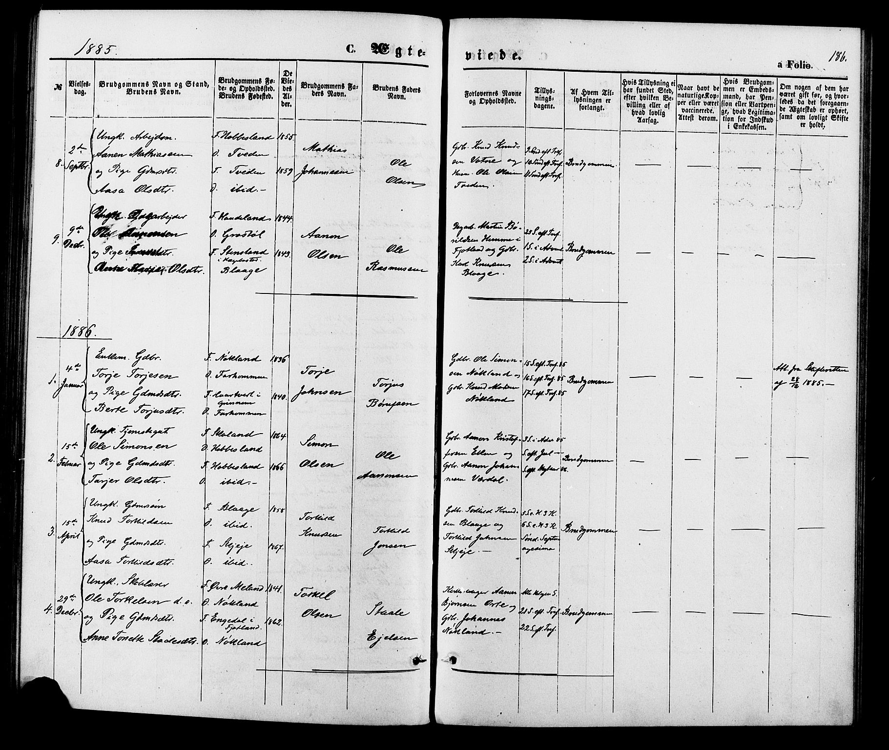 Hægebostad sokneprestkontor, SAK/1111-0024/F/Fa/Fab/L0003: Parish register (official) no. A 3, 1872-1886, p. 186